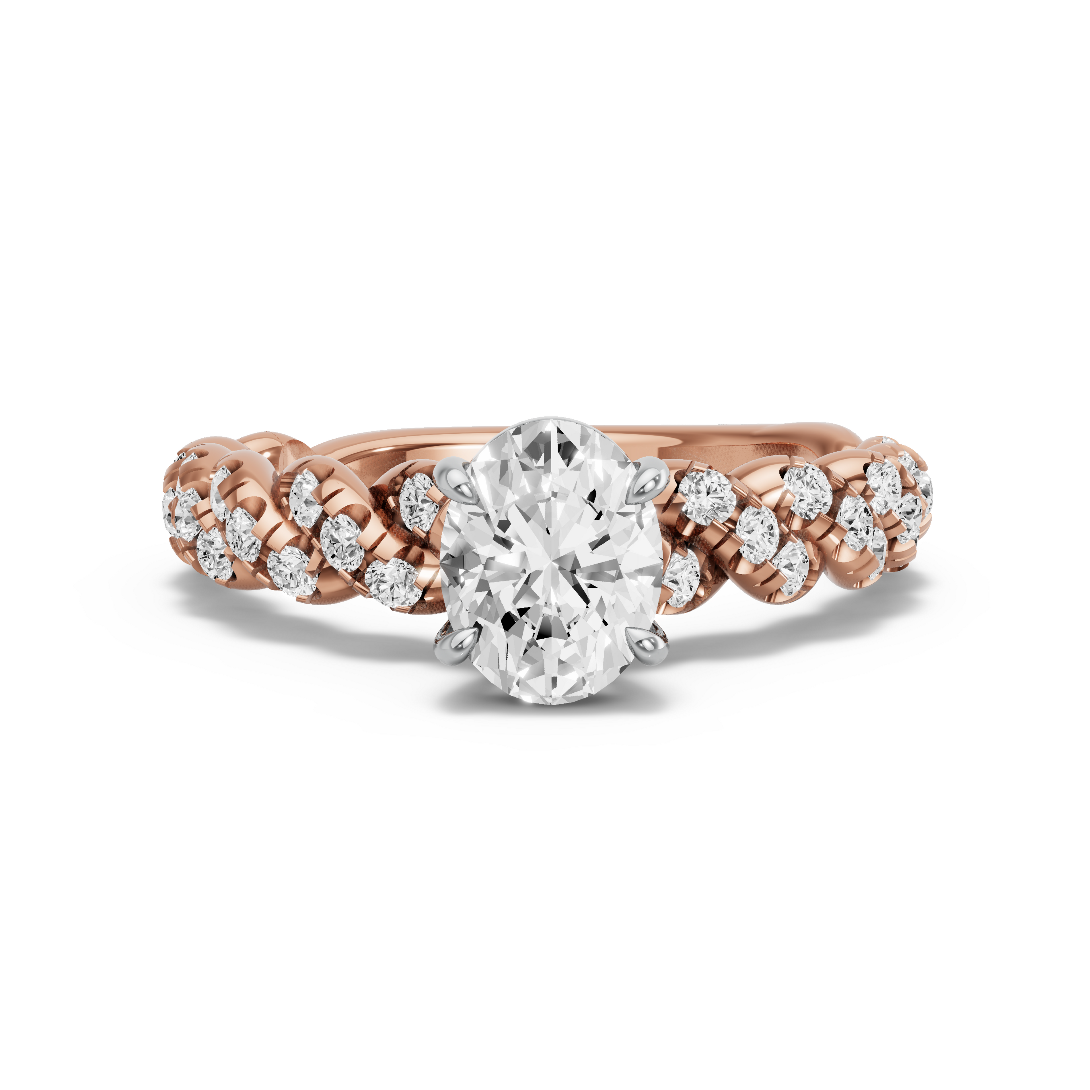 Image for Oval Classic Basket Ring with Twist Pave band in 18K Two Tone Rose Gold