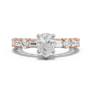 Image for Pear Classic Basket Ring with Alternating Baguette band in 14K Two Tone Rose Gold