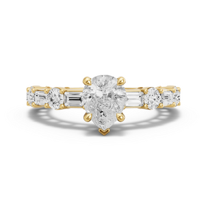 Image for Pear Classic Basket Ring with Alternating Baguette band in 14K Yellow Gold