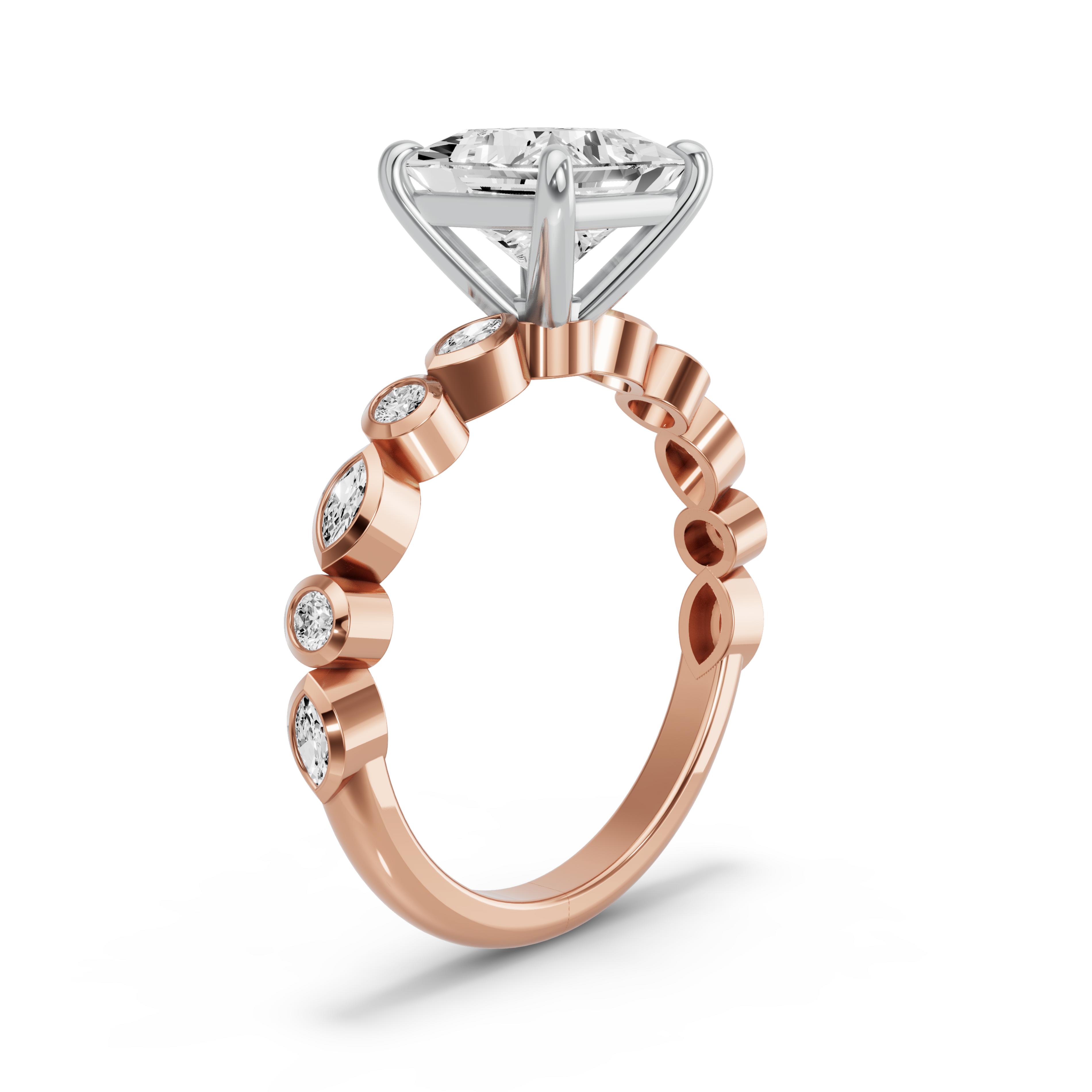 Image for Princess Classic Basket Ring with Alternating Marquise band in 14K Two Tone Rose Gold
