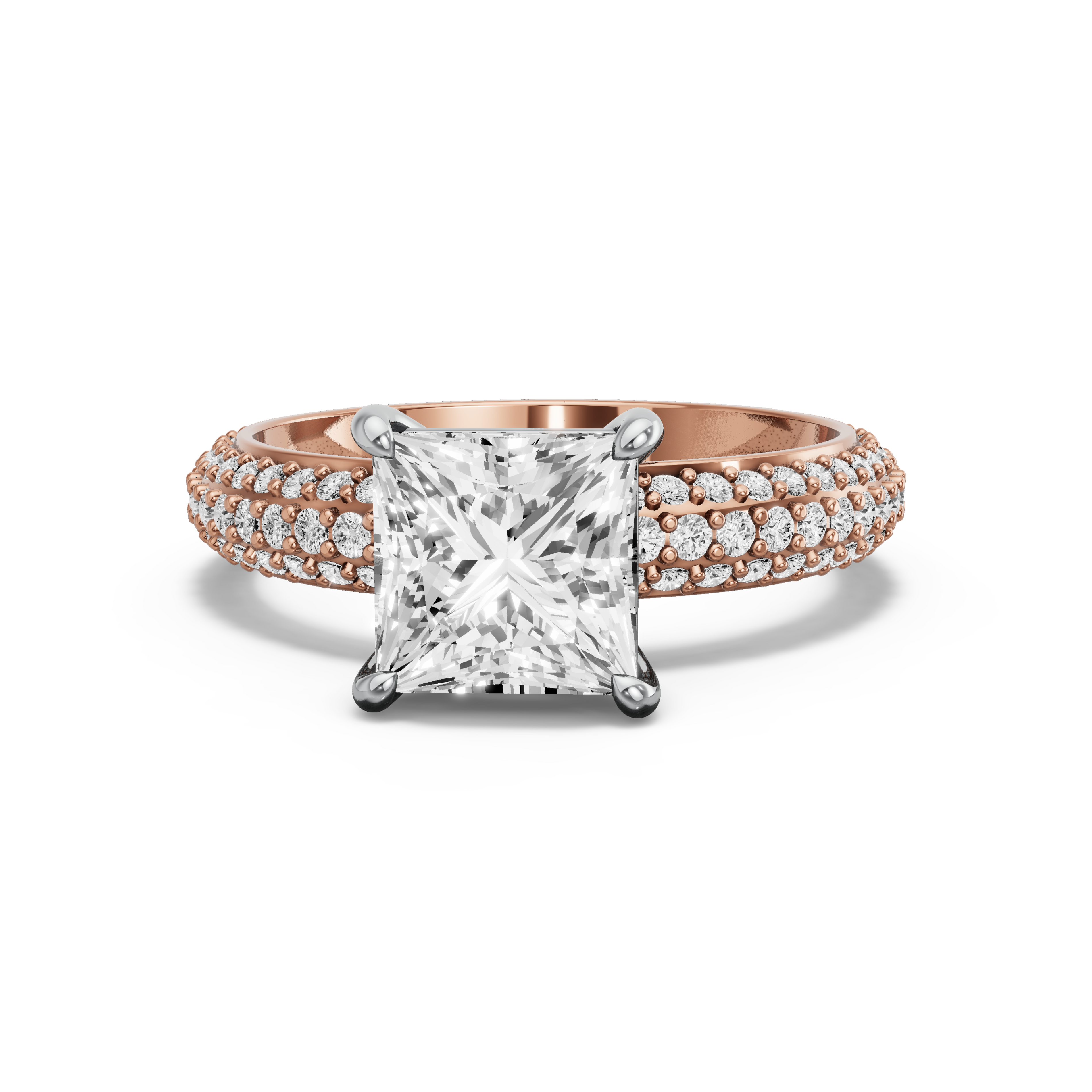 Image for Princess Classic Basket Ring with Triple Row Pave band in 18K Two Tone Yellow Gold