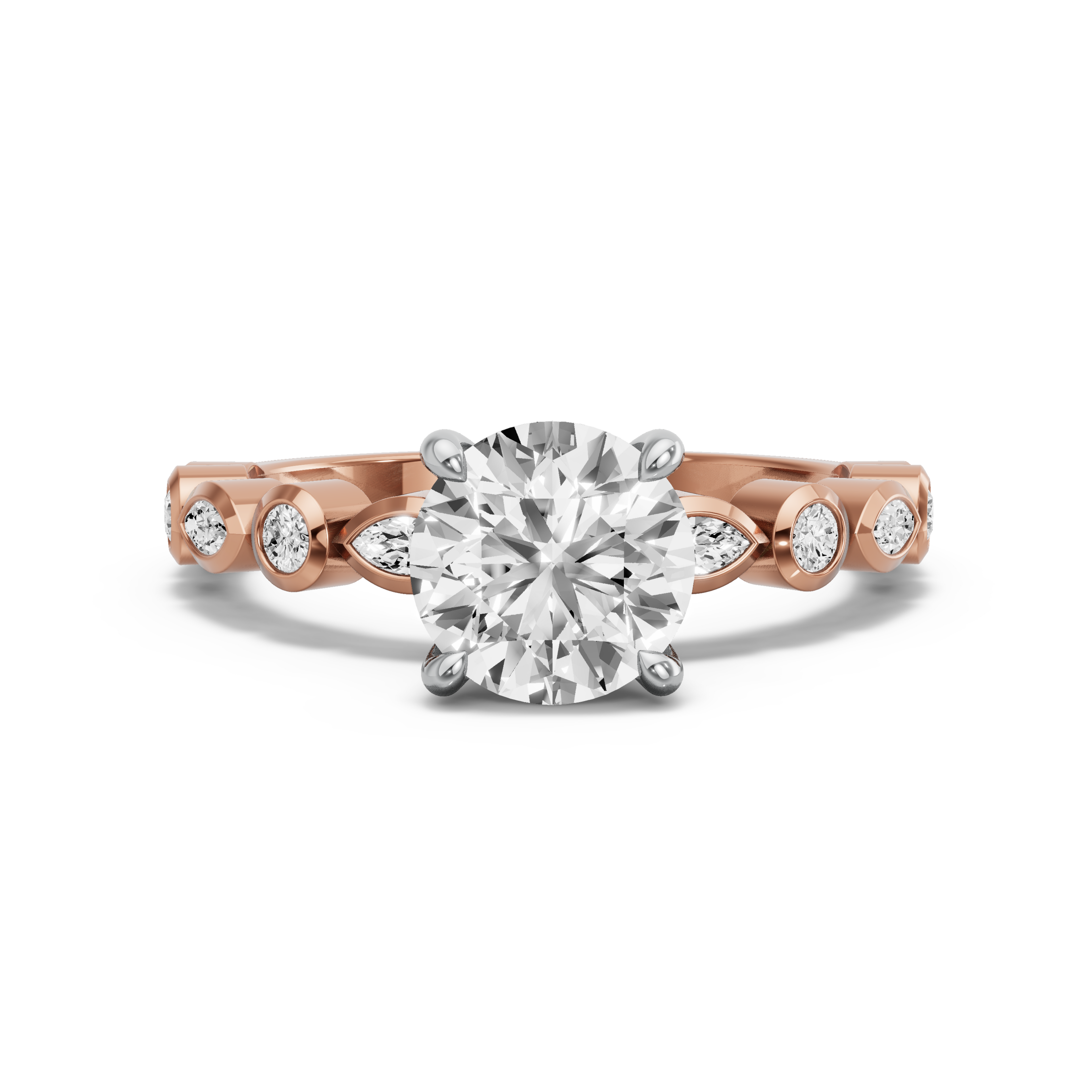 Image for Round Classic Basket Ring with Alternating Marquise band in 18K Two Tone Rose Gold