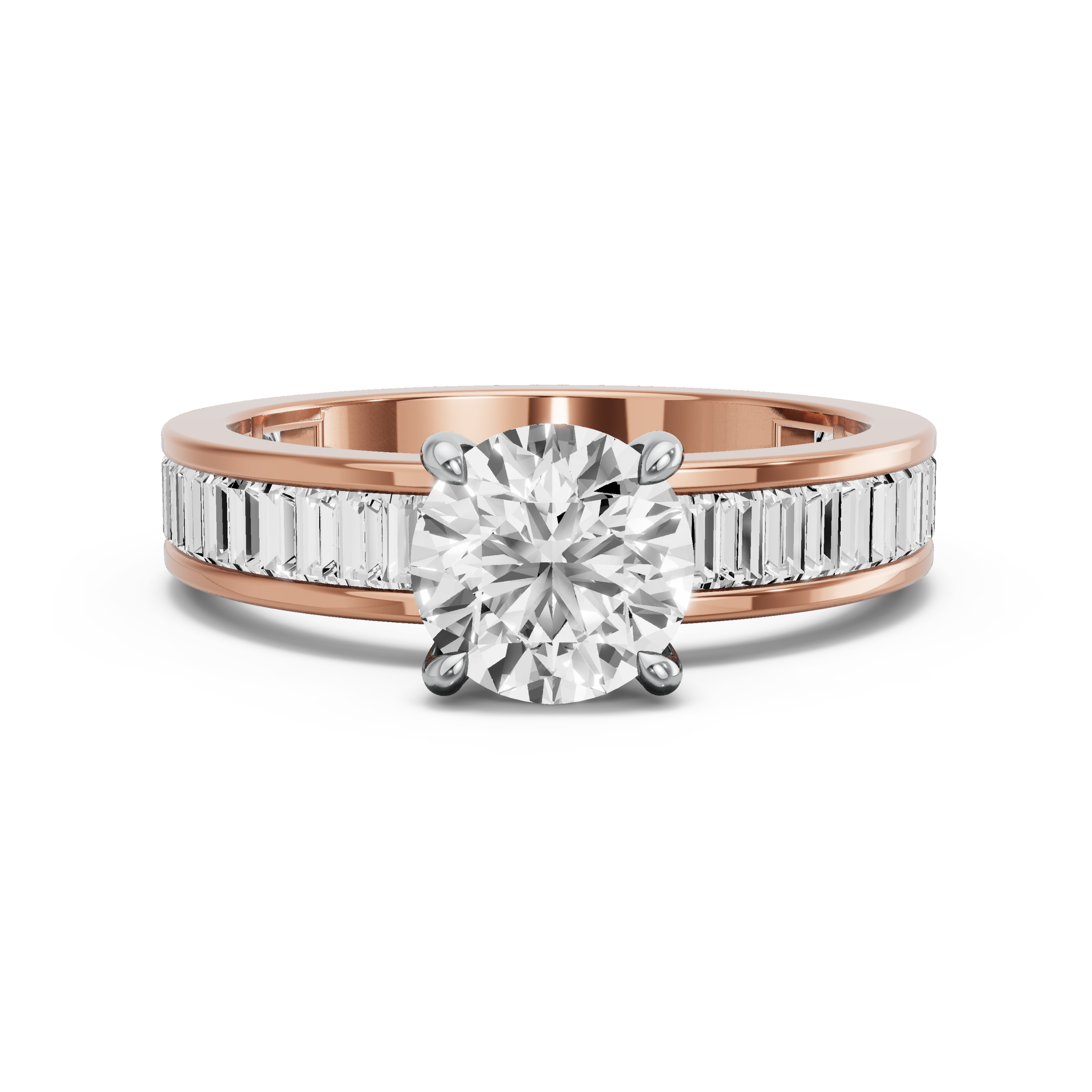 Image for Round Classic Basket Ring with Baguette Channel band in 14K Two Tone Rose Gold