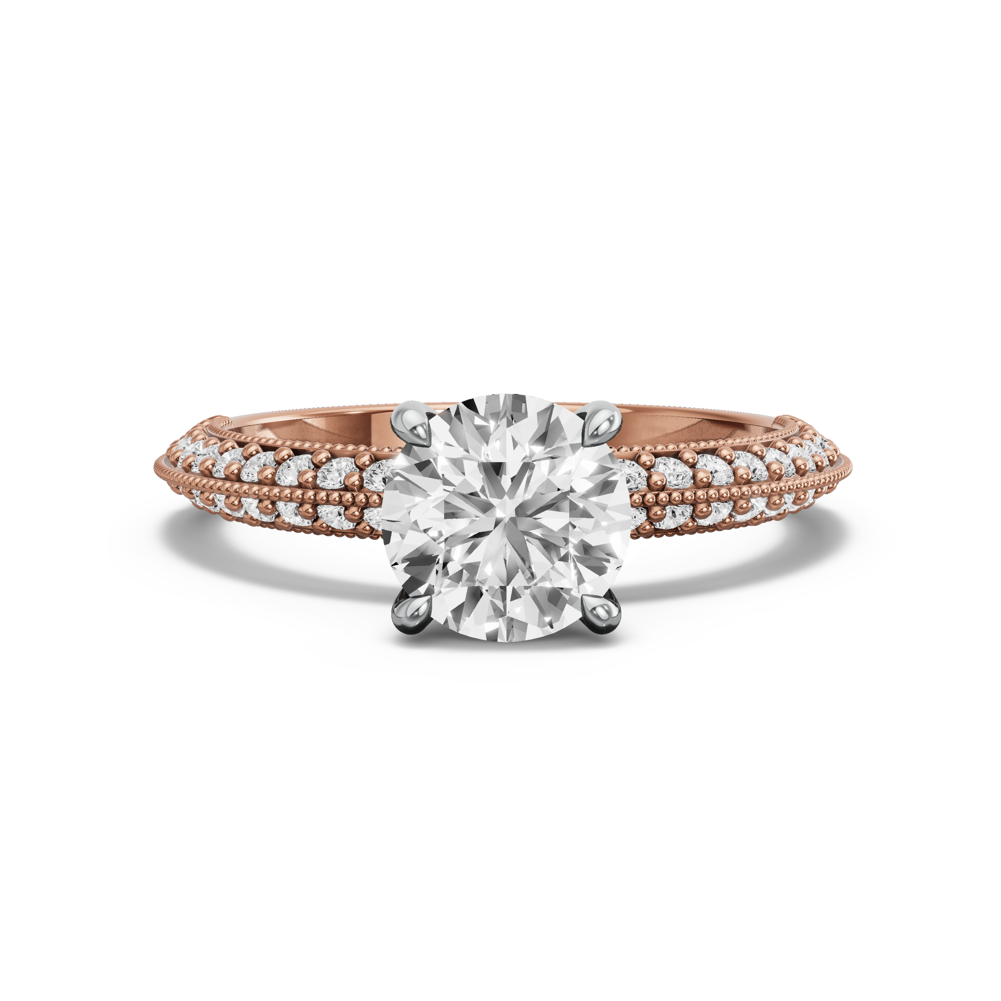 Image for Round Classic Basket Ring with Knife Edge Pave band in 14K Two Tone Rose Gold