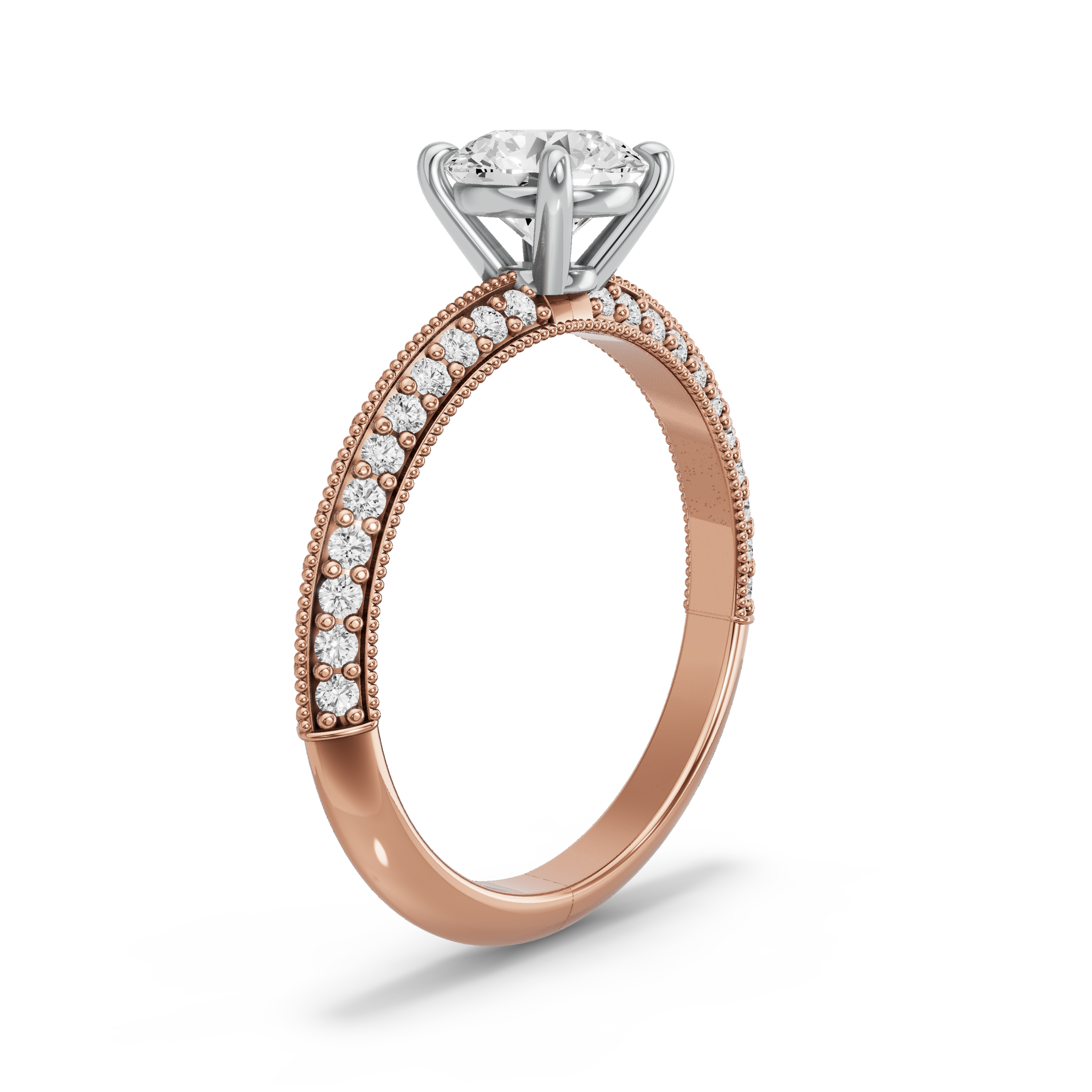 Image for Round Classic Basket Ring with Knife Edge Pave band in 10K Two Tone Rose Gold