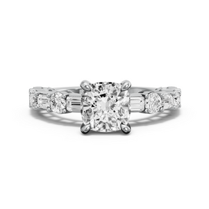 Image for Cushion Classic Basket Ring with Alternating Baguette band in 14K White Gold