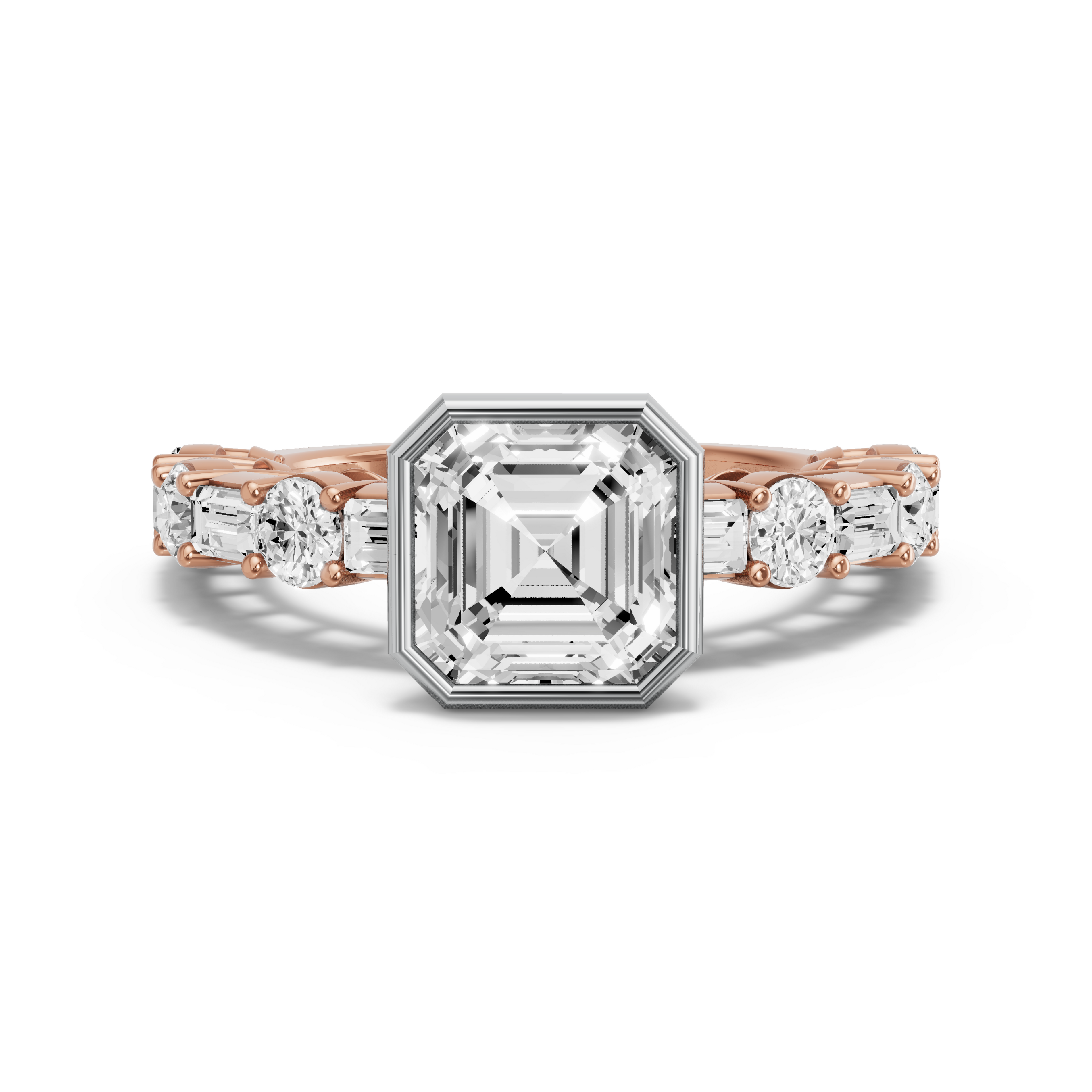 Image for Asscher Classic Bezel Ring with Alternating Baguette band in 18K Two Tone Rose Gold