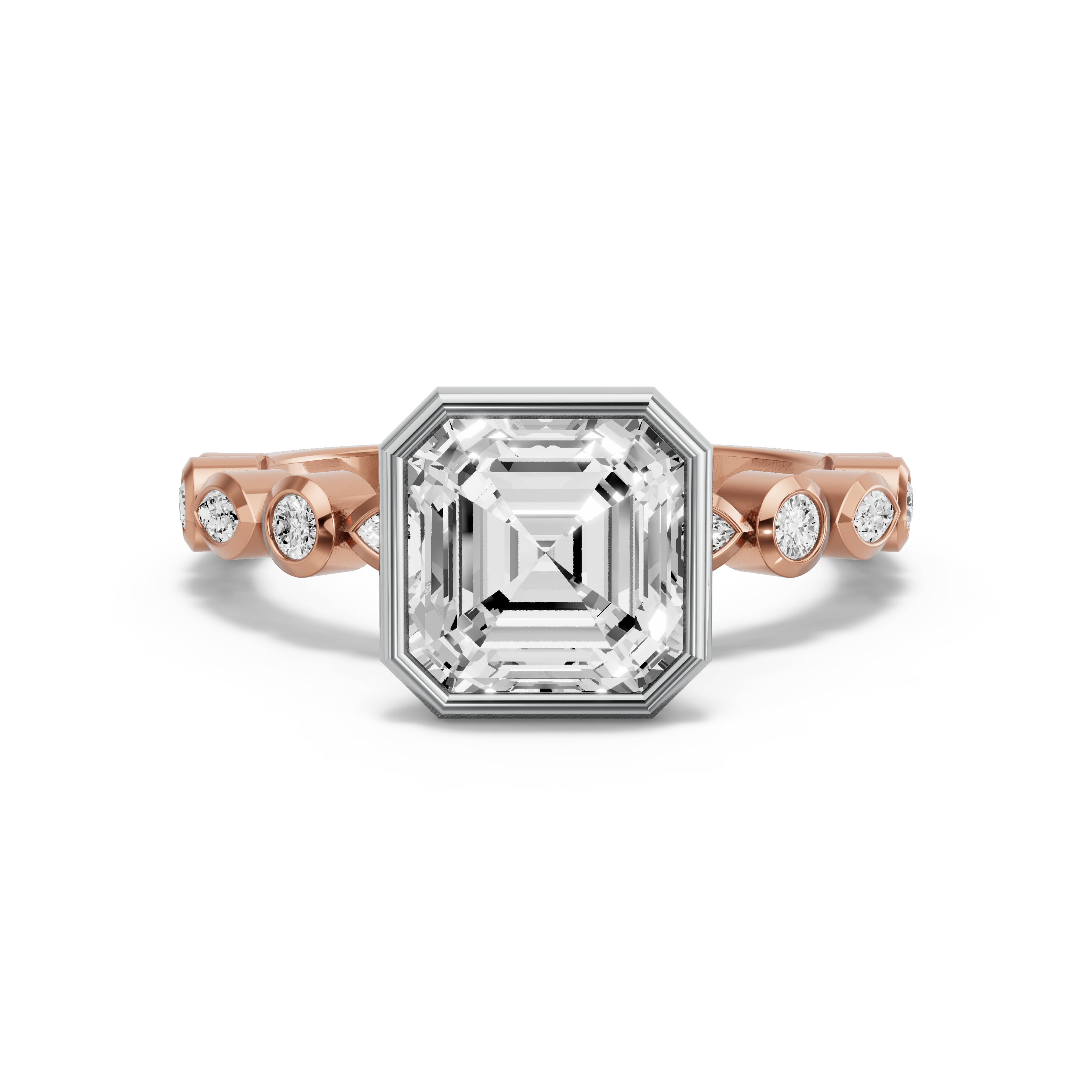 Image for Asscher Classic Bezel Ring with Alternating Marquise band in 10K Two Tone Rose Gold
