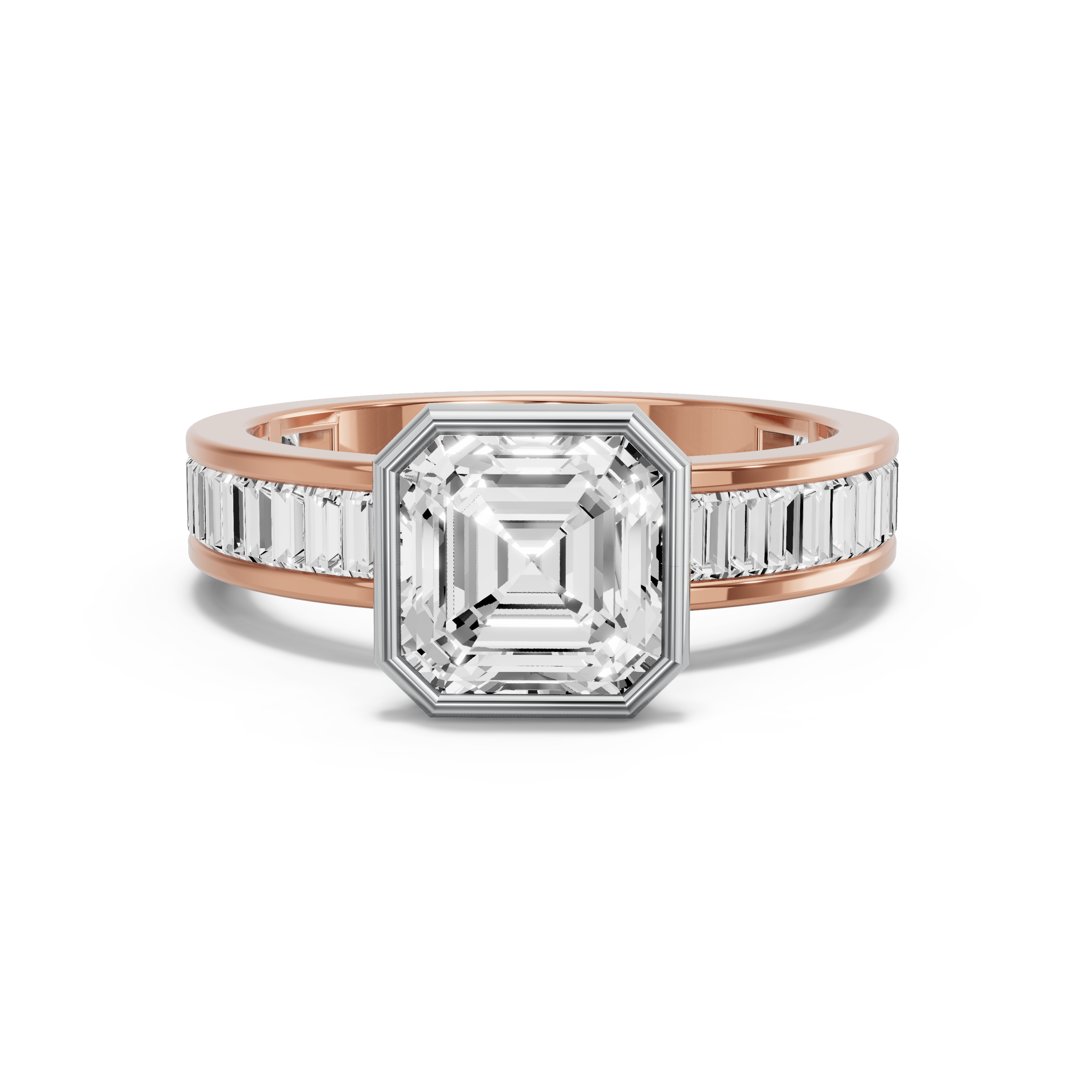 Image for Asscher Classic Bezel Ring with Baguette Channel band in 14K Two Tone Rose Gold