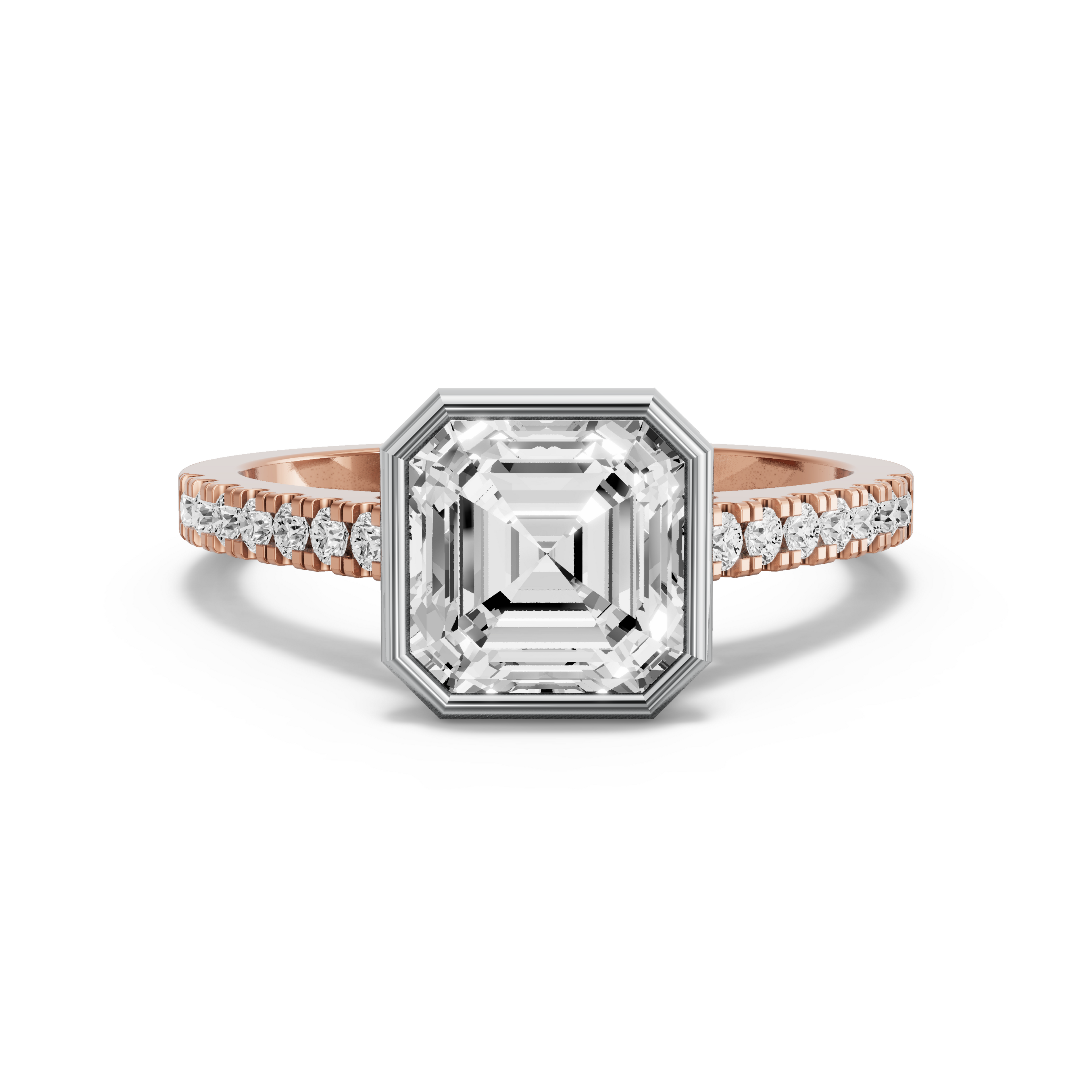 Image for Asscher Classic Bezel Ring with Cathedral Pave band in 14K Two Tone Rose Gold