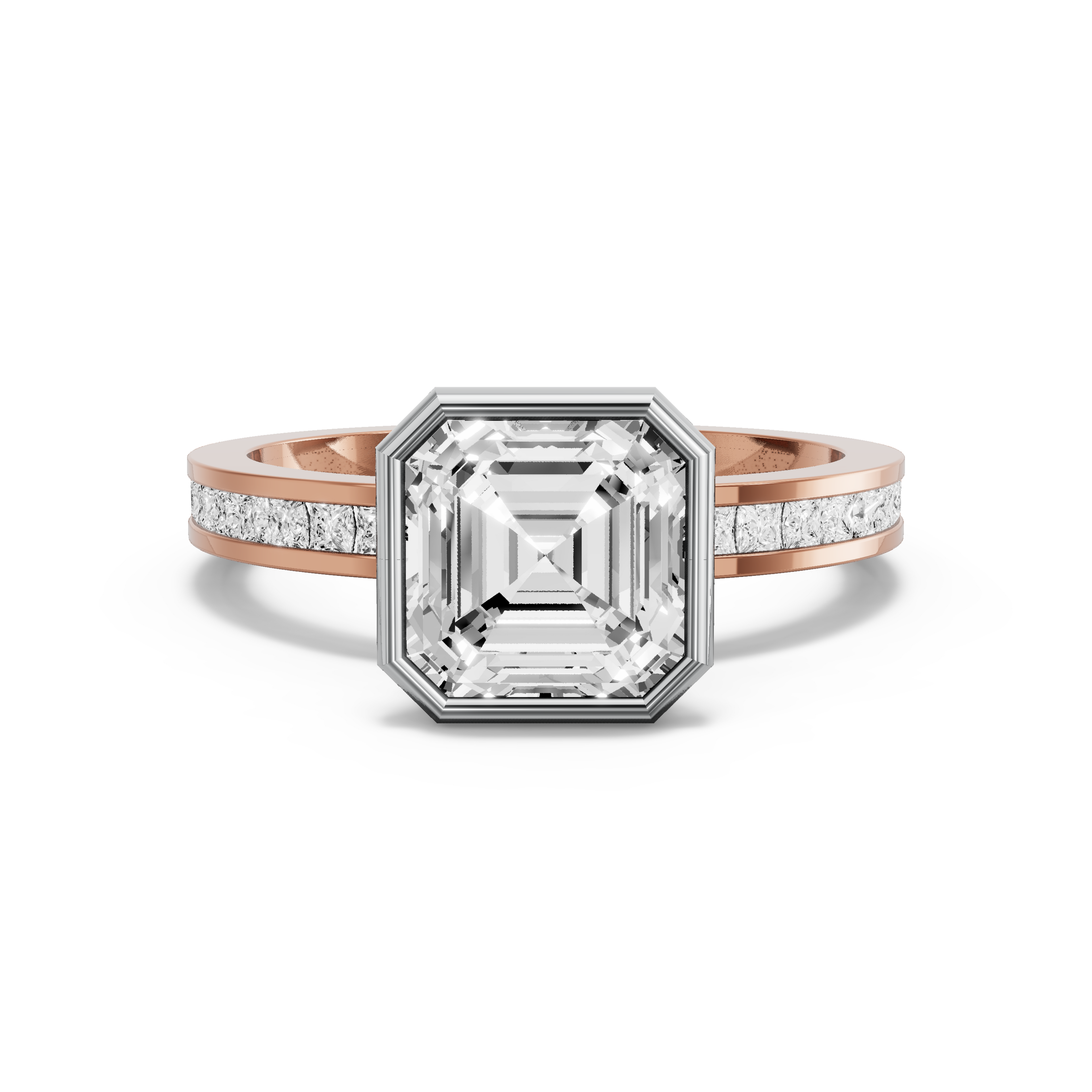 Image for Asscher Classic Bezel Ring with Channel band in 14K Two Tone Rose Gold