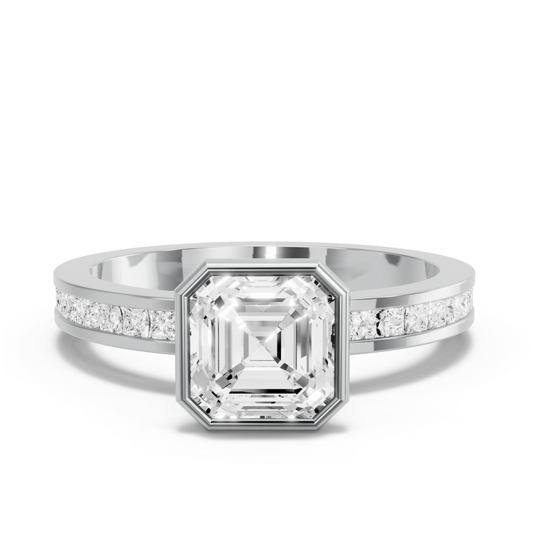 Image for Asscher Classic Bezel Ring with Channel band in 18K Two Tone Rose Gold