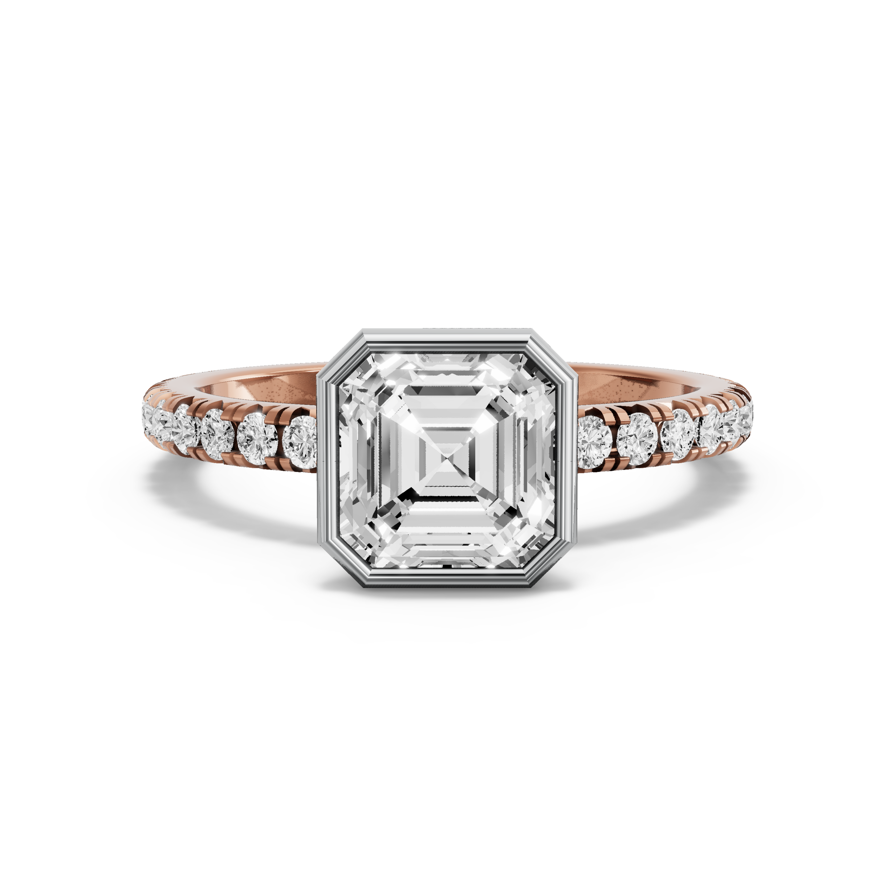Image for Asscher Classic Bezel Ring with French Pave band in 14K Two Tone Rose Gold