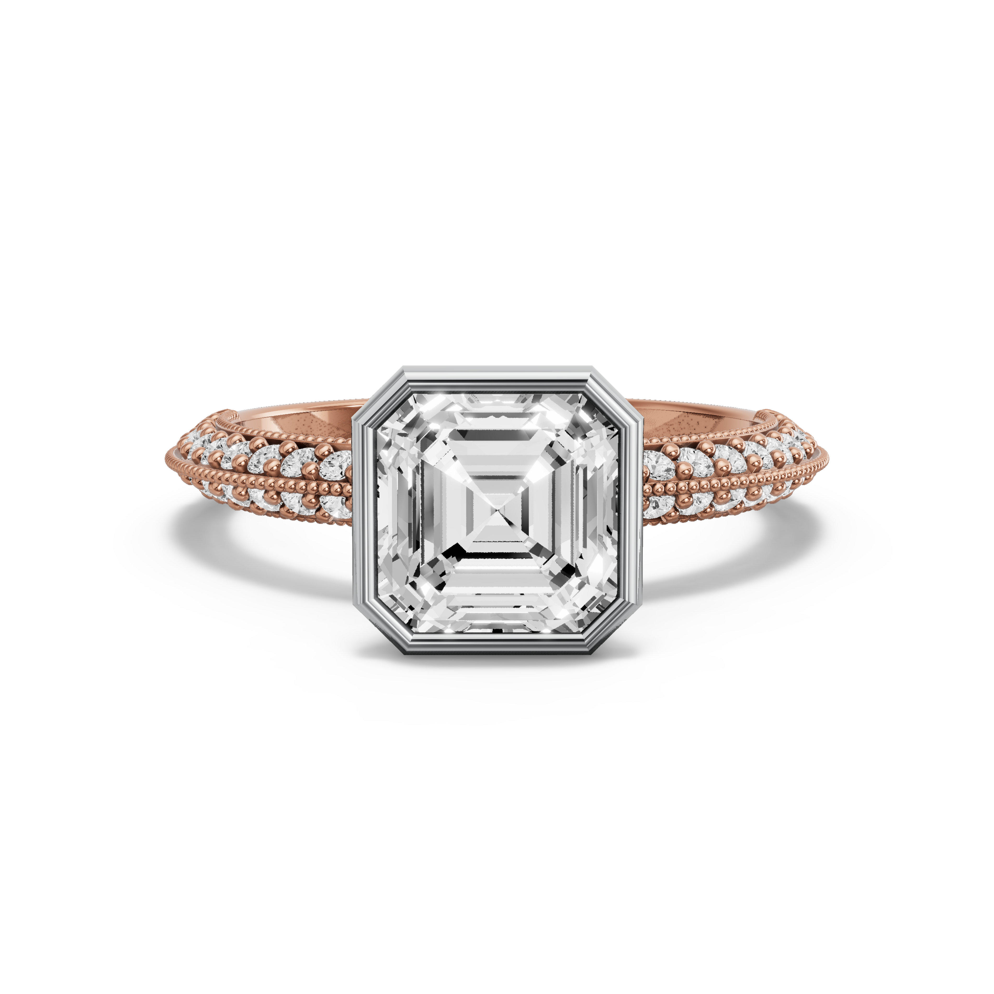 Image for Asscher Classic Bezel Ring with Knife Edge Pave band in 14K Two Tone Rose Gold