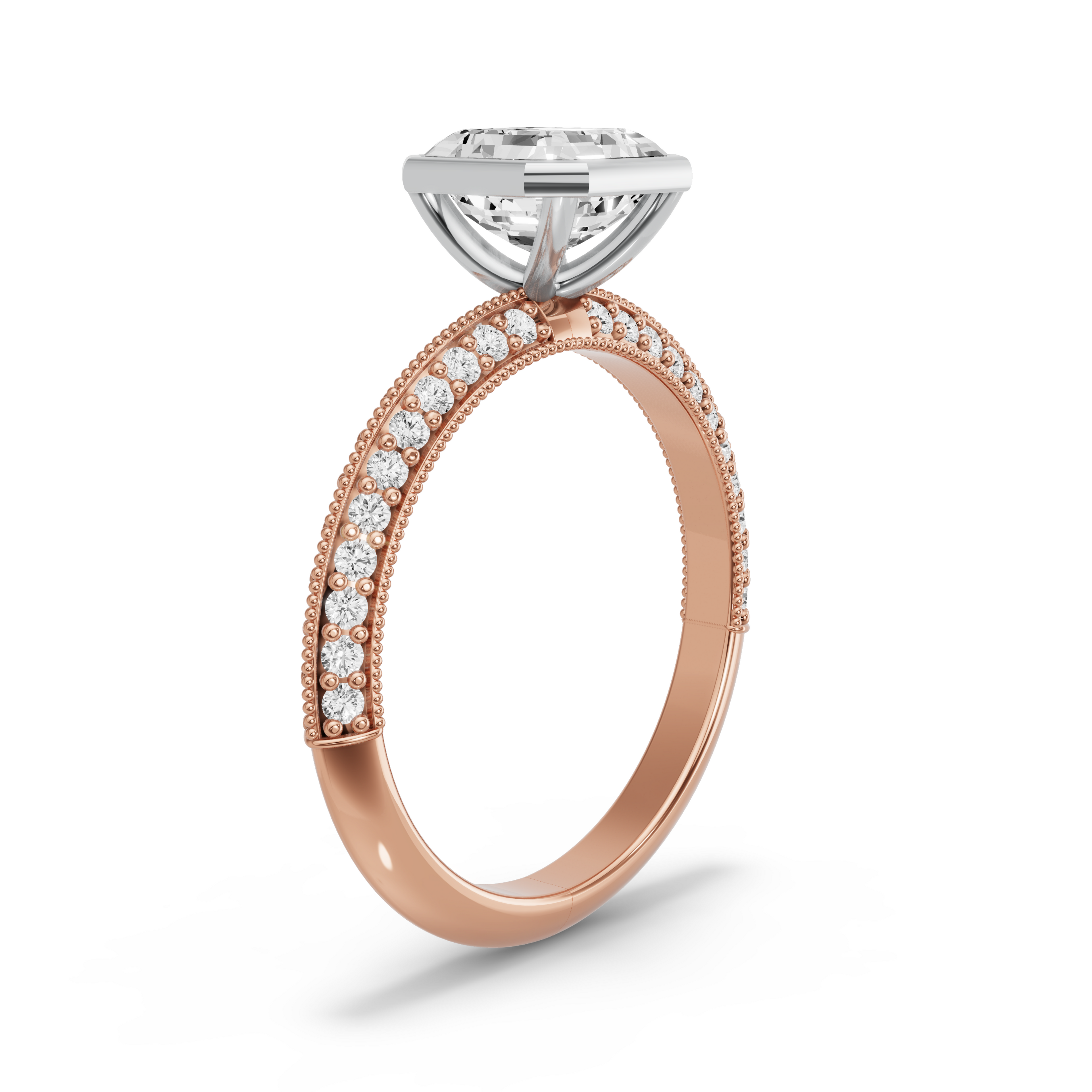 Image for Asscher Classic Bezel Ring with Knife Edge Pave band in 14K Two Tone Yellow Gold