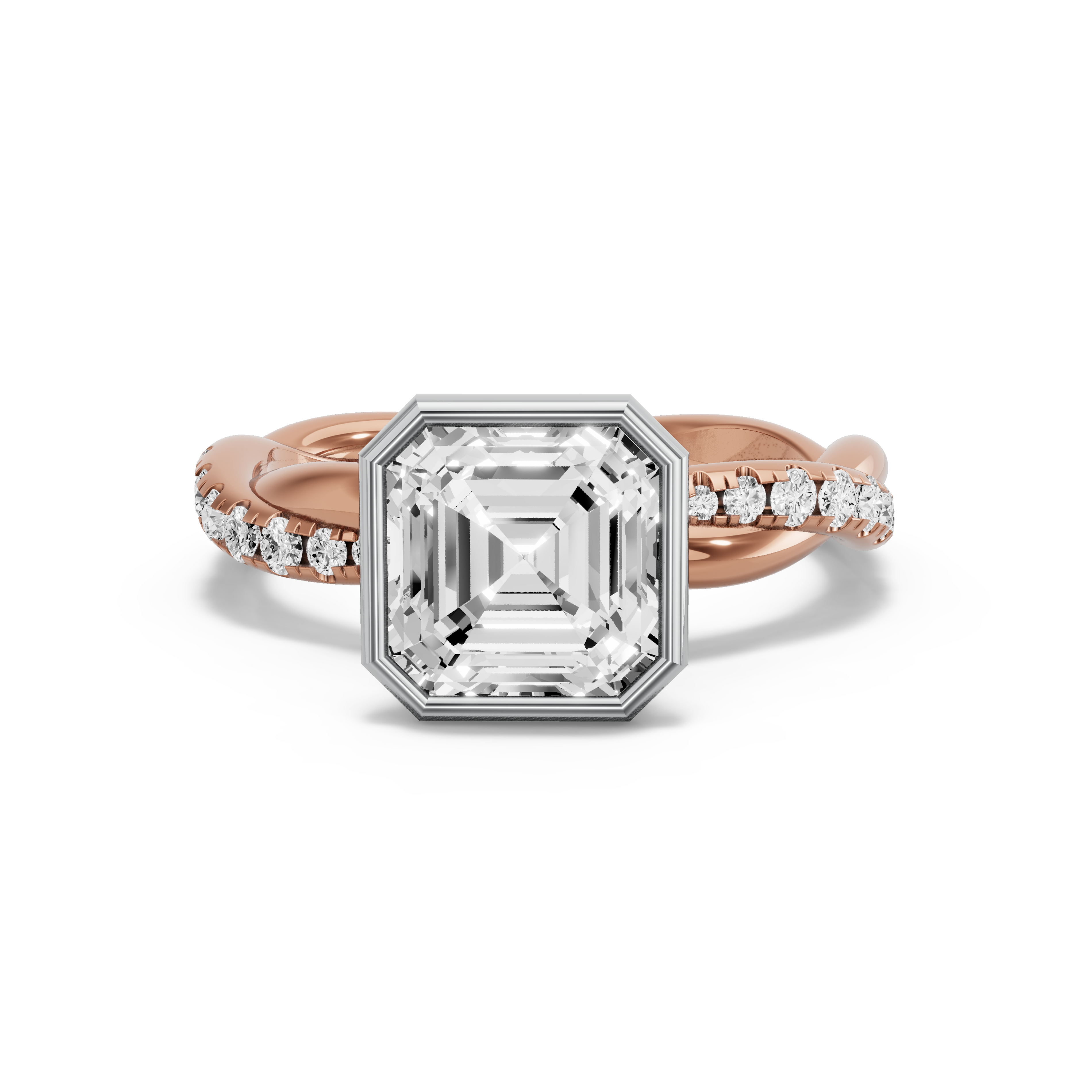 Image for Asscher Classic Bezel Ring with Rope Pave band in 14K Two Tone Rose Gold