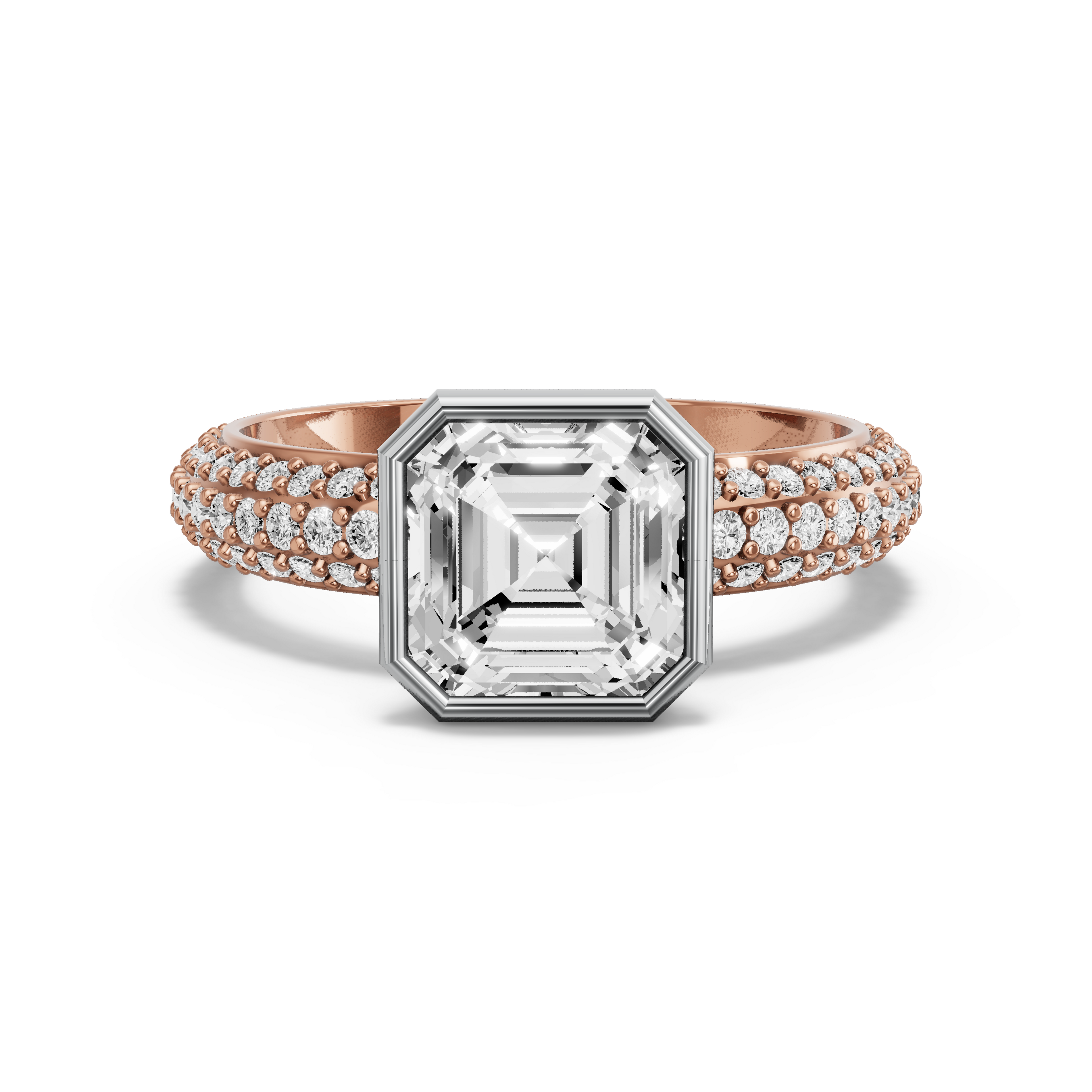 Image for Asscher Classic Bezel Ring with Triple Row Pave band in 14K Two Tone Rose Gold