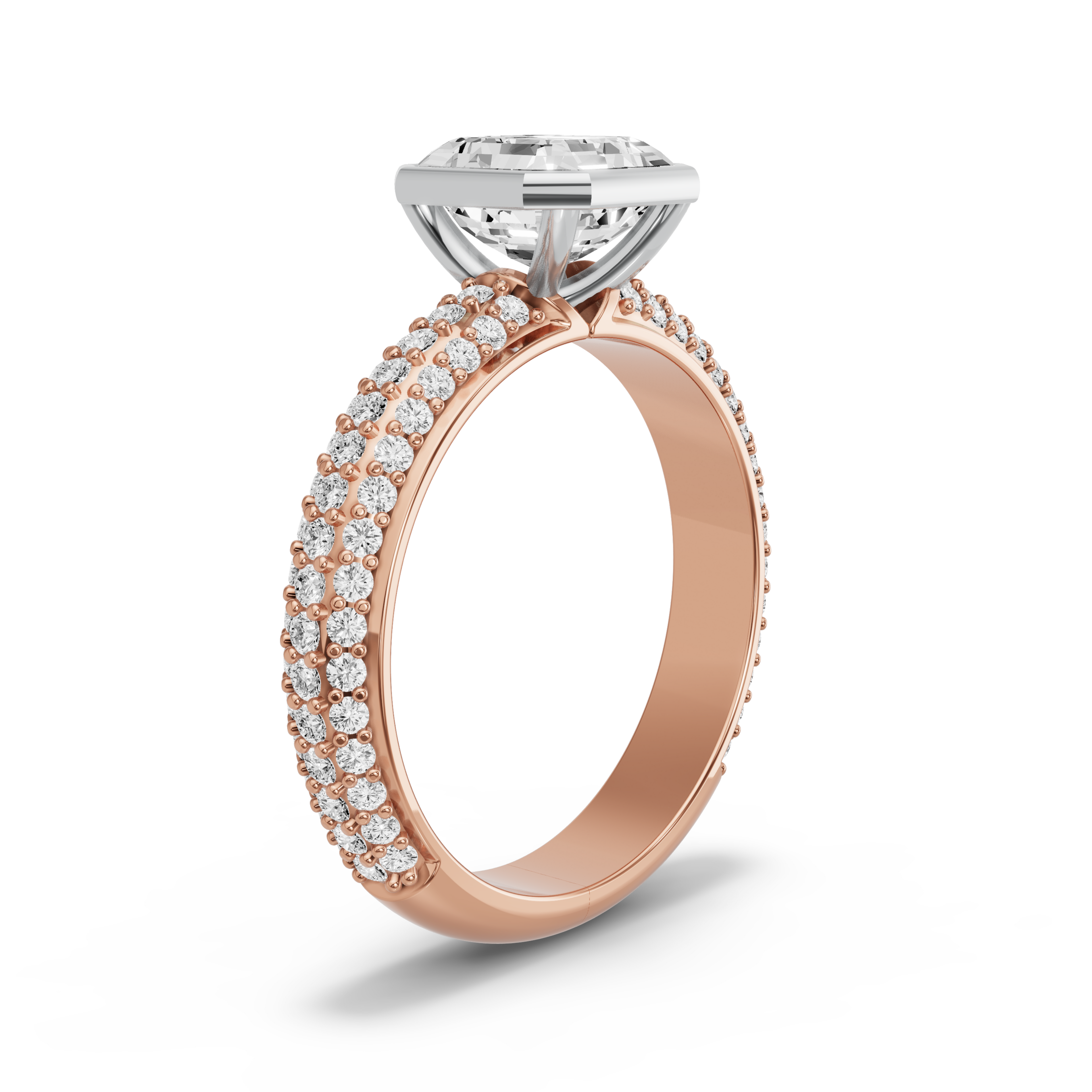 Image for Asscher Classic Bezel Ring with Triple Row Pave band in 14K Two Tone Yellow Gold