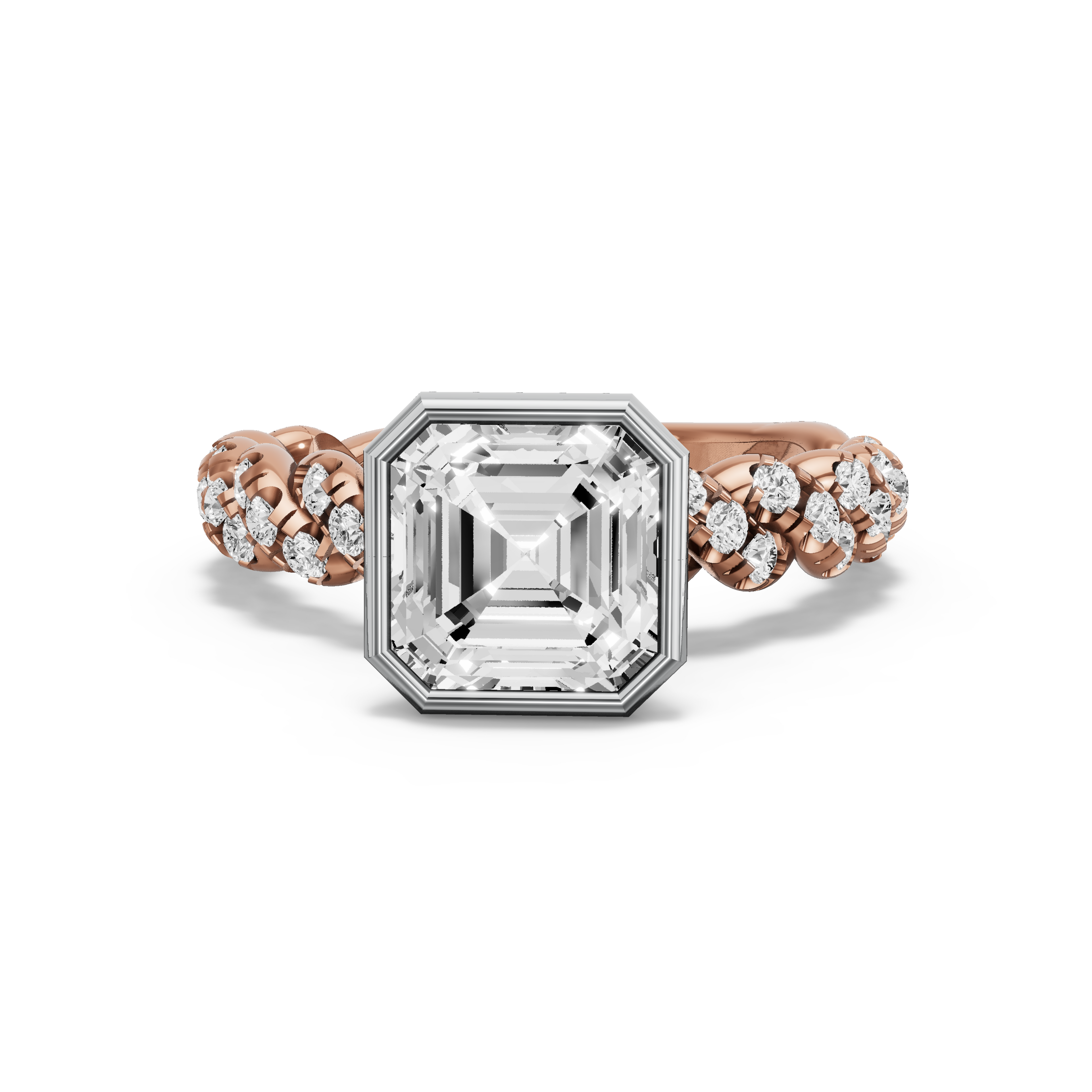 Image for Asscher Classic Bezel Ring with Twist Pave band in 10K Two Tone Rose Gold