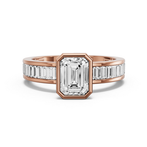 Image for Emerald Classic Bezel Ring with Baguette Channel band in 18K Rose Gold