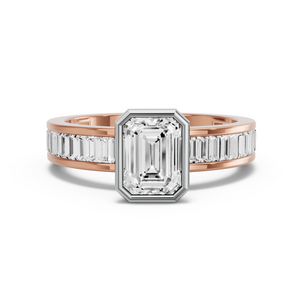 Image for Emerald Classic Bezel Ring with Baguette Channel band in 18K Two Tone Rose Gold