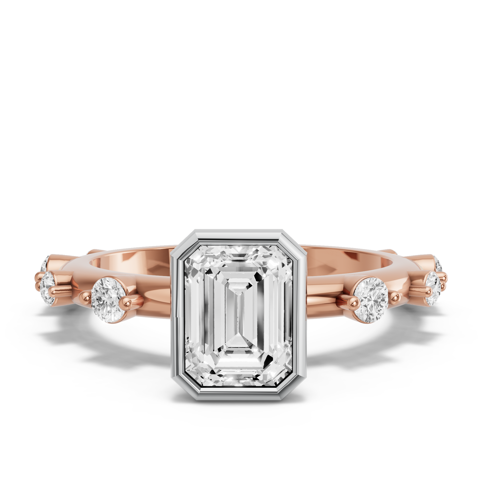 Image for Emerald Classic Bezel Ring with Floating Station band in 18K Two Tone Rose Gold