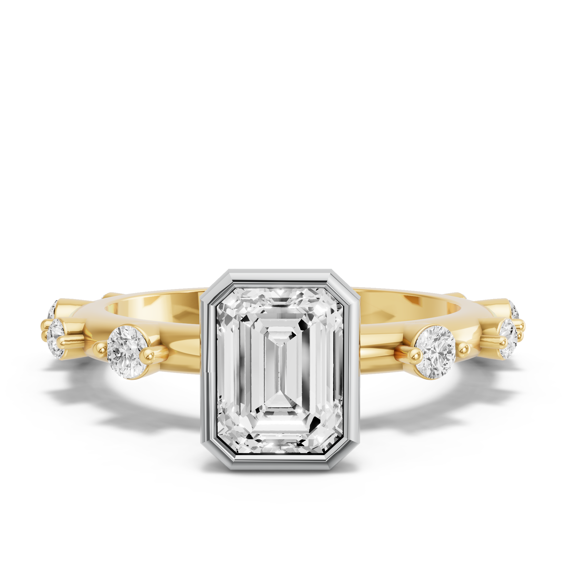 Image for Emerald Classic Bezel Ring with Floating Station band in 14K Two Tone Yellow Gold