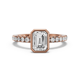 Image for Emerald Classic Bezel Ring with French Pave band in 14K Rose Gold