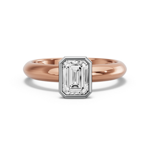 Image for Emerald Classic Bezel Ring with Knife Edge Solitaire band in 14K Two Tone Rose Gold