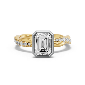 Image for Emerald Classic Bezel Ring with Rope Pave band in 14K Two Tone Yellow Gold