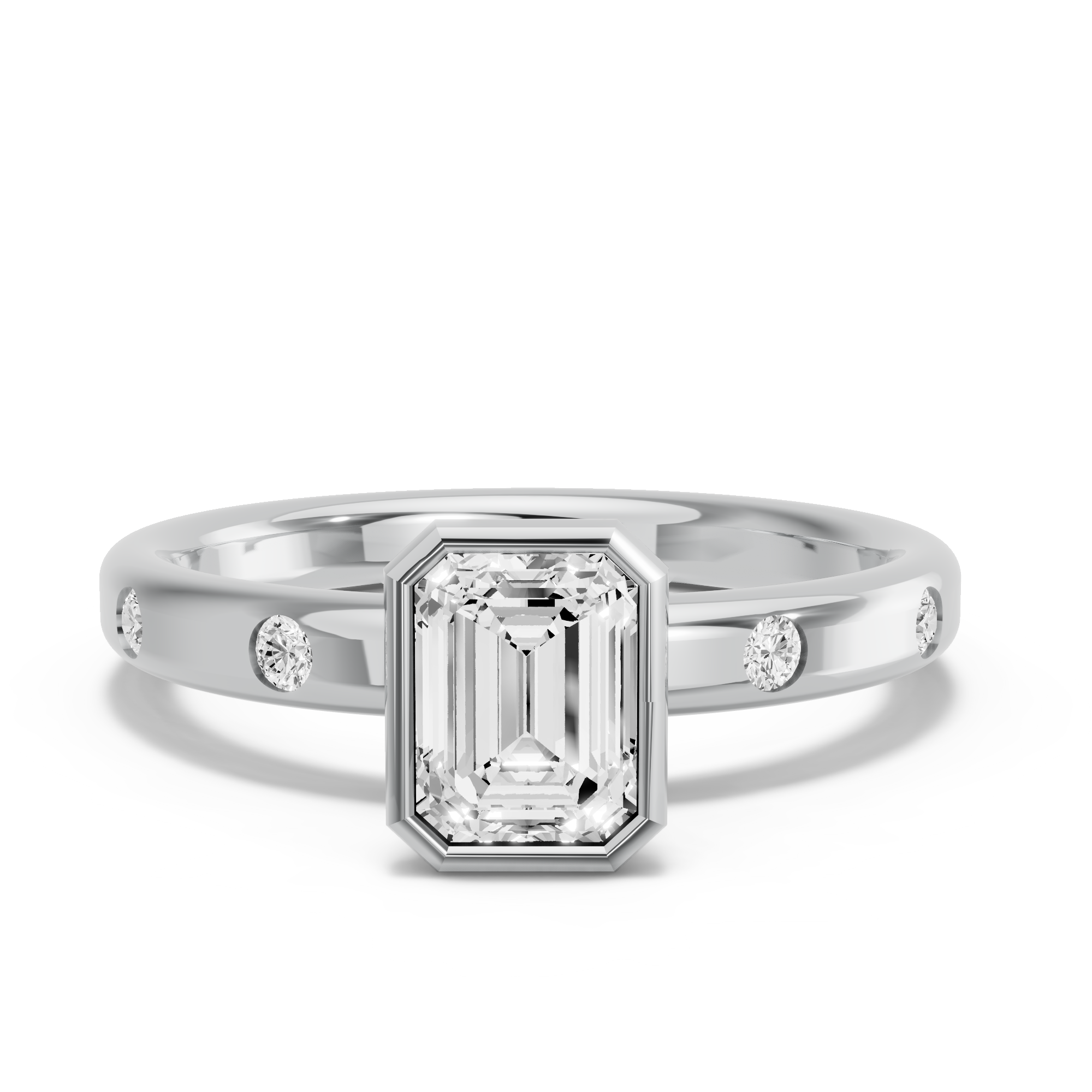 Image for Emerald Classic Bezel Ring with Sleek Accent band in 18K White Gold