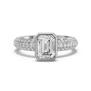 Image for Emerald Classic Bezel Ring with Triple Row Pave band in 950 Platinum