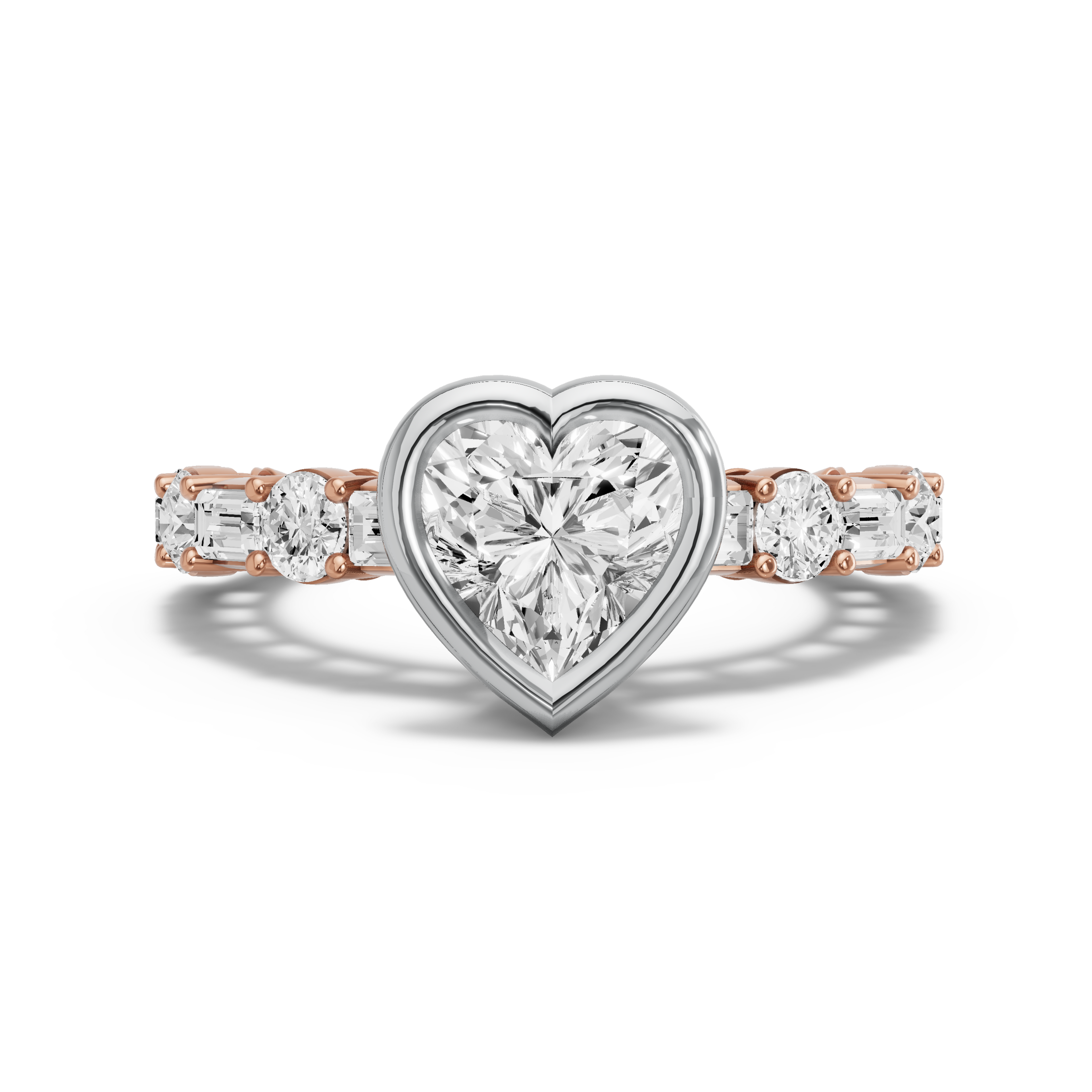 Image for Heart Classic Bezel Ring with Alternating Baguette band in 10K Two Tone Rose Gold
