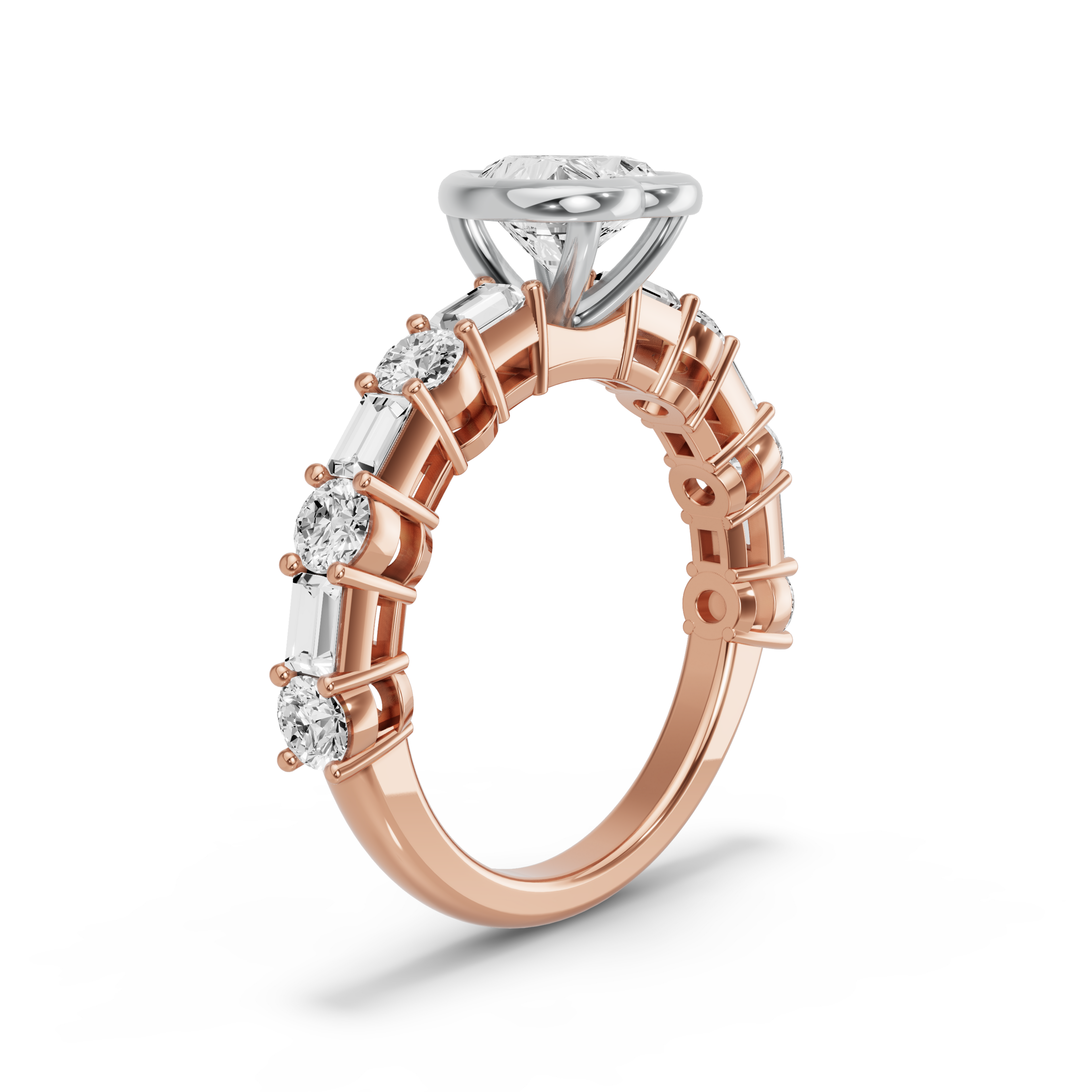 Image for Heart Classic Bezel Ring with Alternating Baguette band in 10K Two Tone Rose Gold