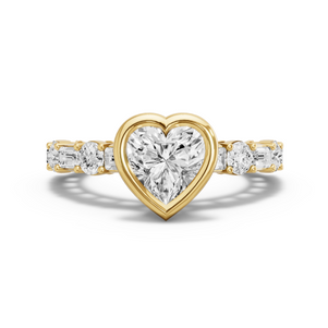 Image for Heart Classic Bezel Ring with Alternating Baguette band in 14K Yellow Gold