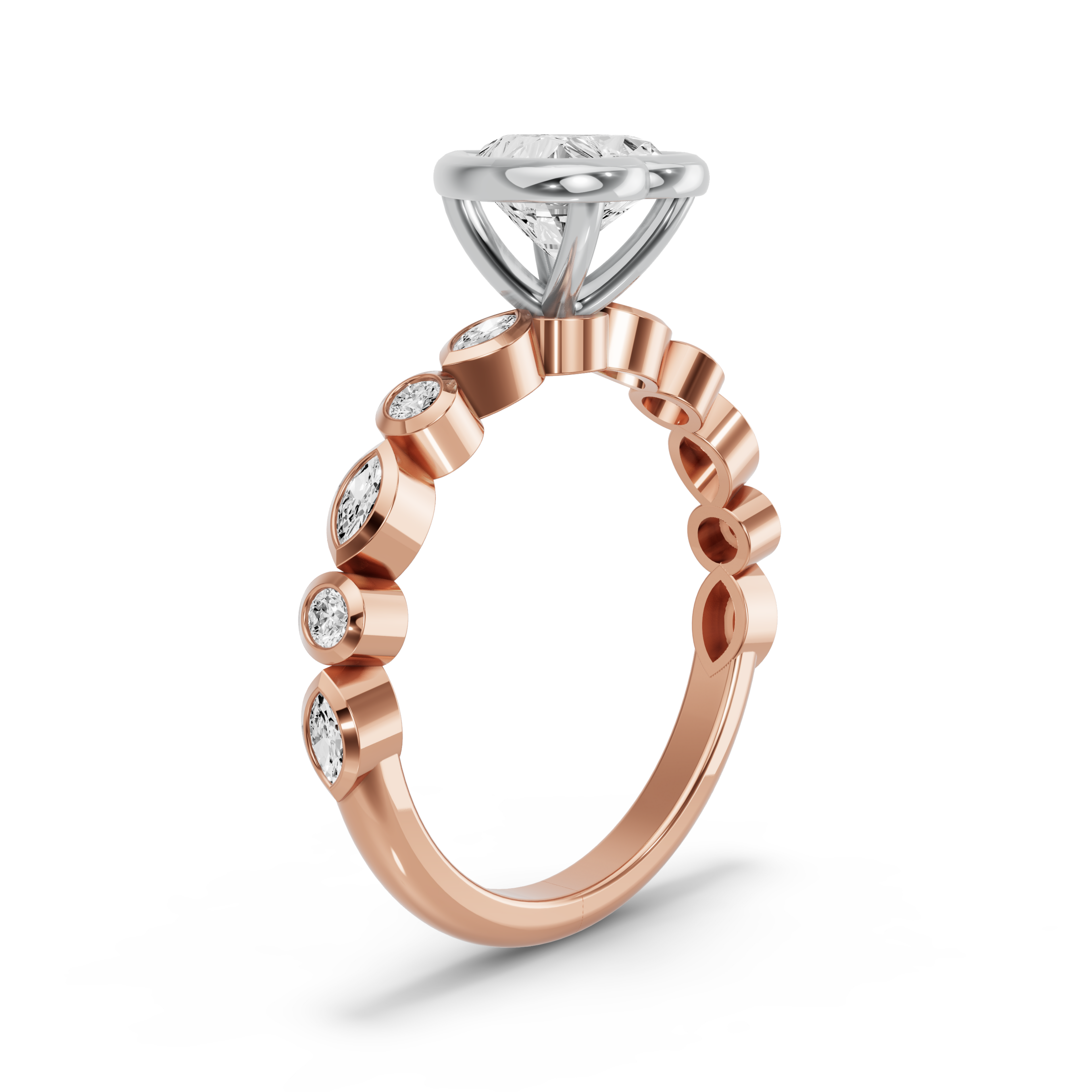 Image for Heart Classic Bezel Ring with Alternating Marquise band in 14K Two Tone Rose Gold