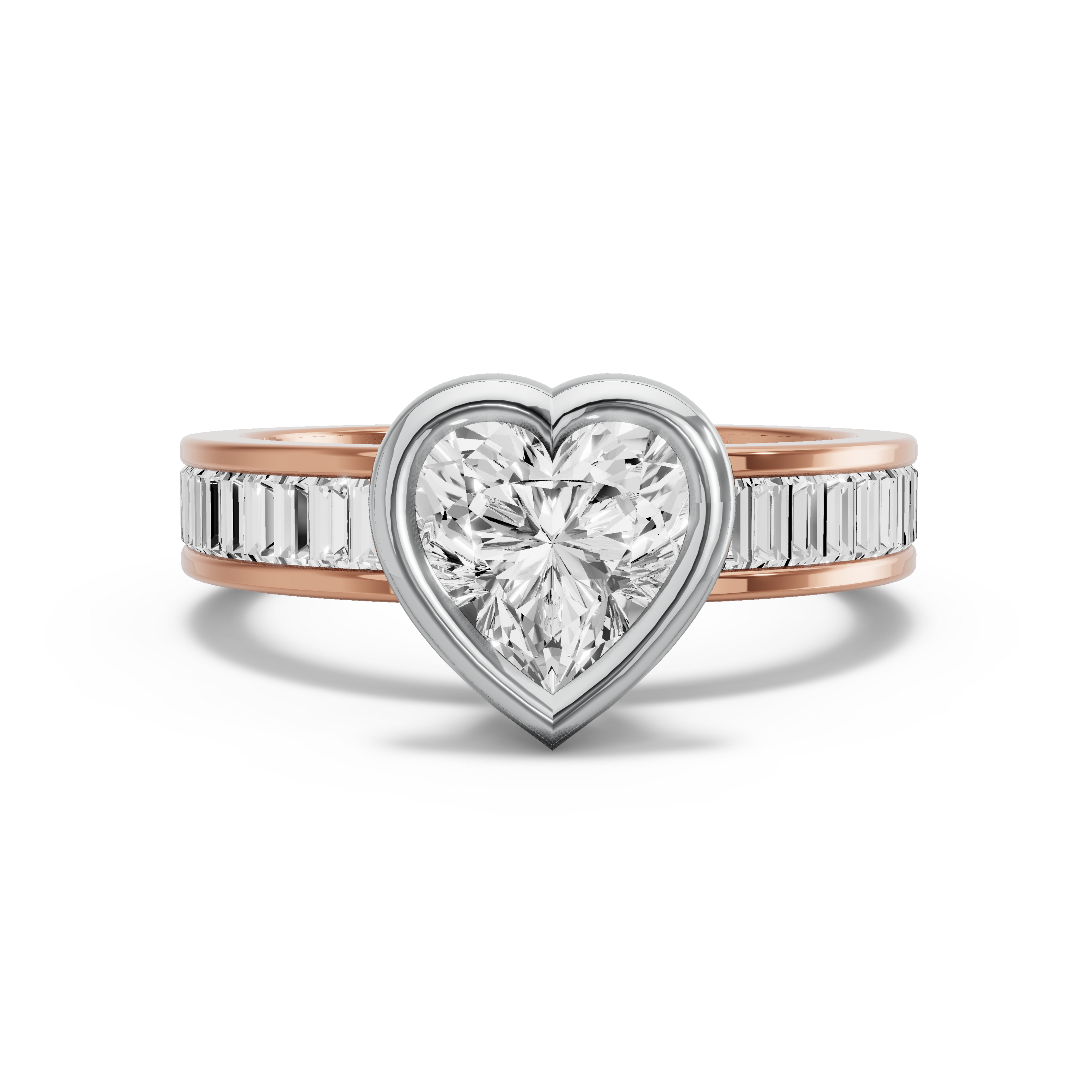 Image for Heart Classic Bezel Ring with Baguette Channel band in 10K Two Tone Rose Gold