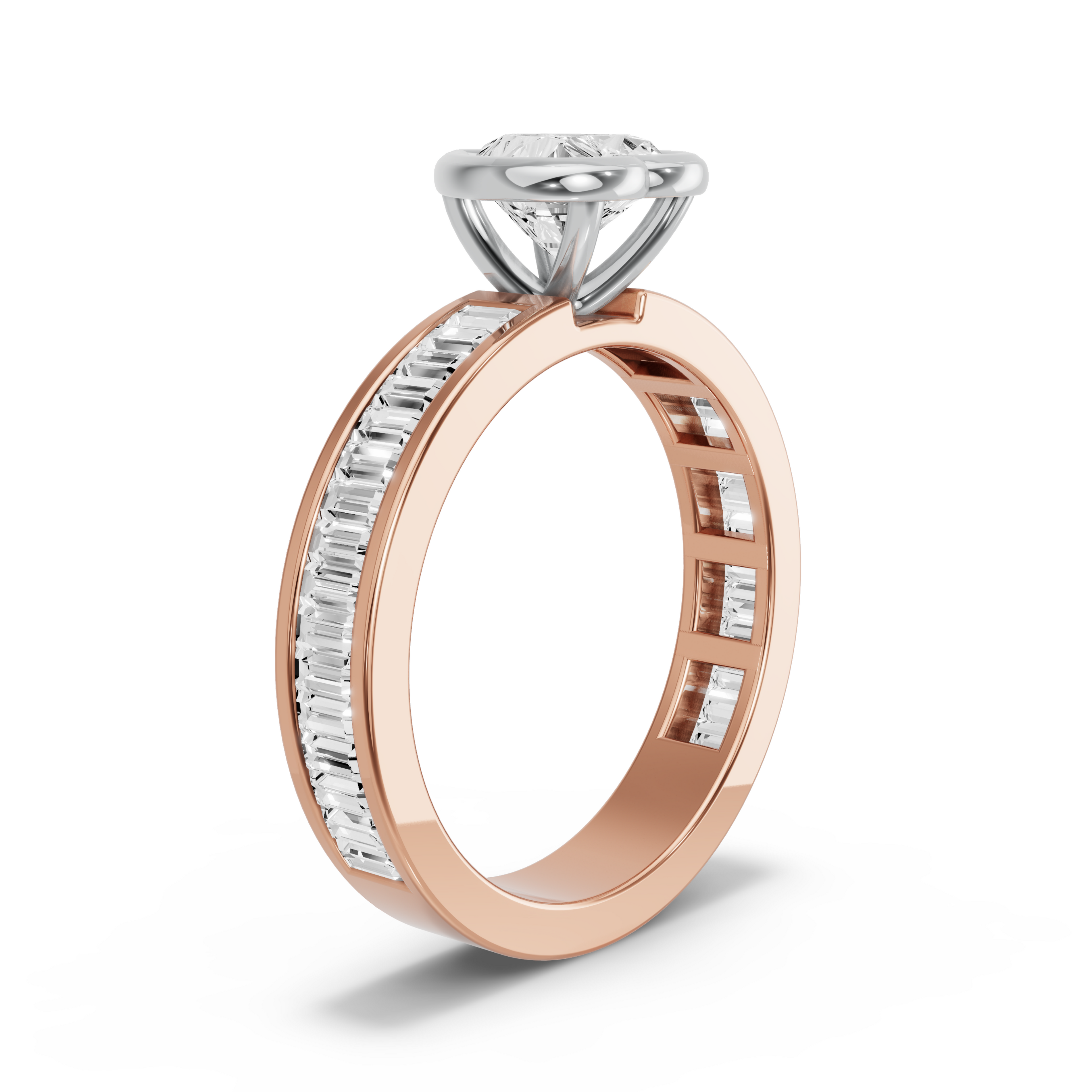 Image for Heart Classic Bezel Ring with Baguette Channel band in 10K Two Tone Rose Gold