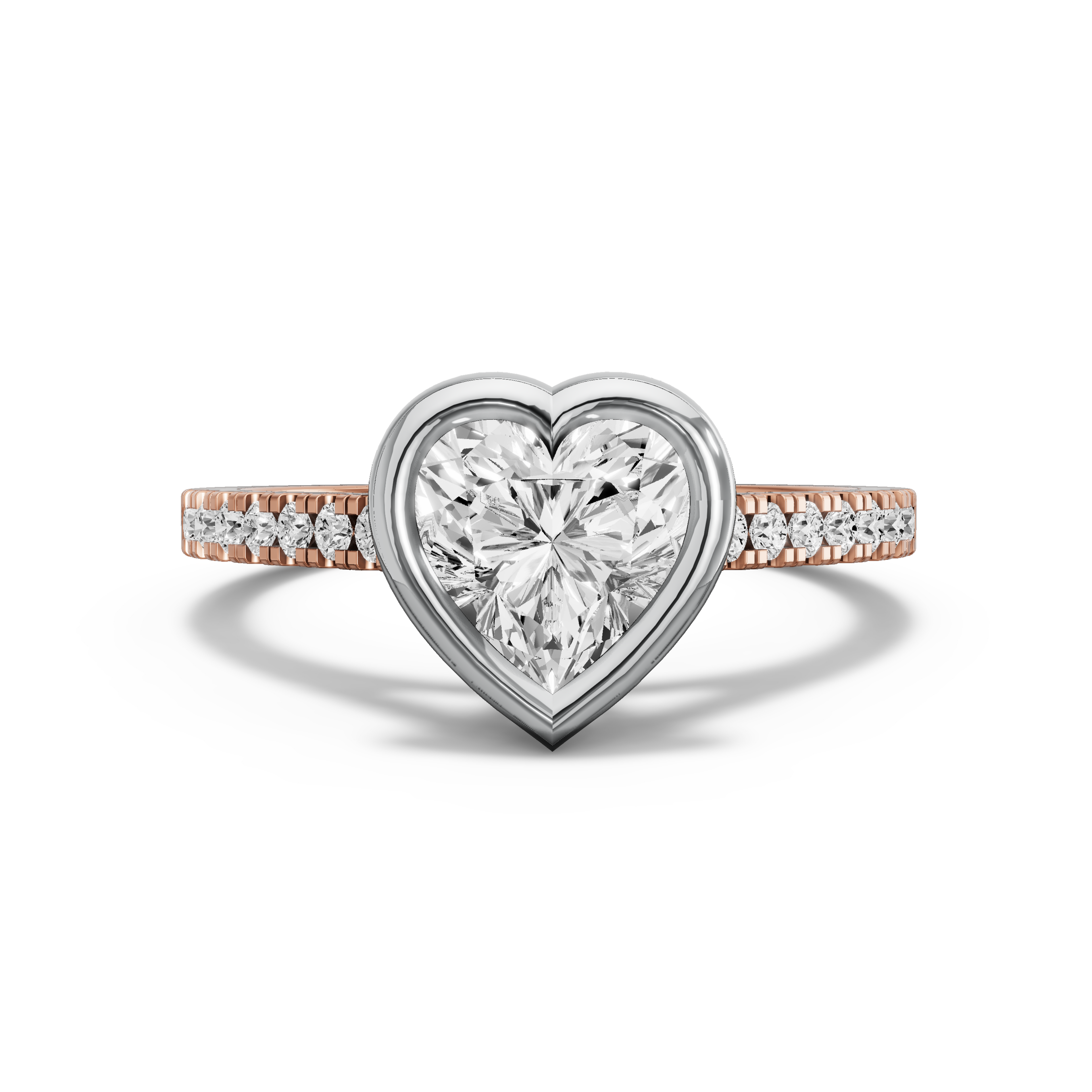 Image for Heart Classic Bezel Ring with Cathedral Pave band in 18K Two Tone Rose Gold