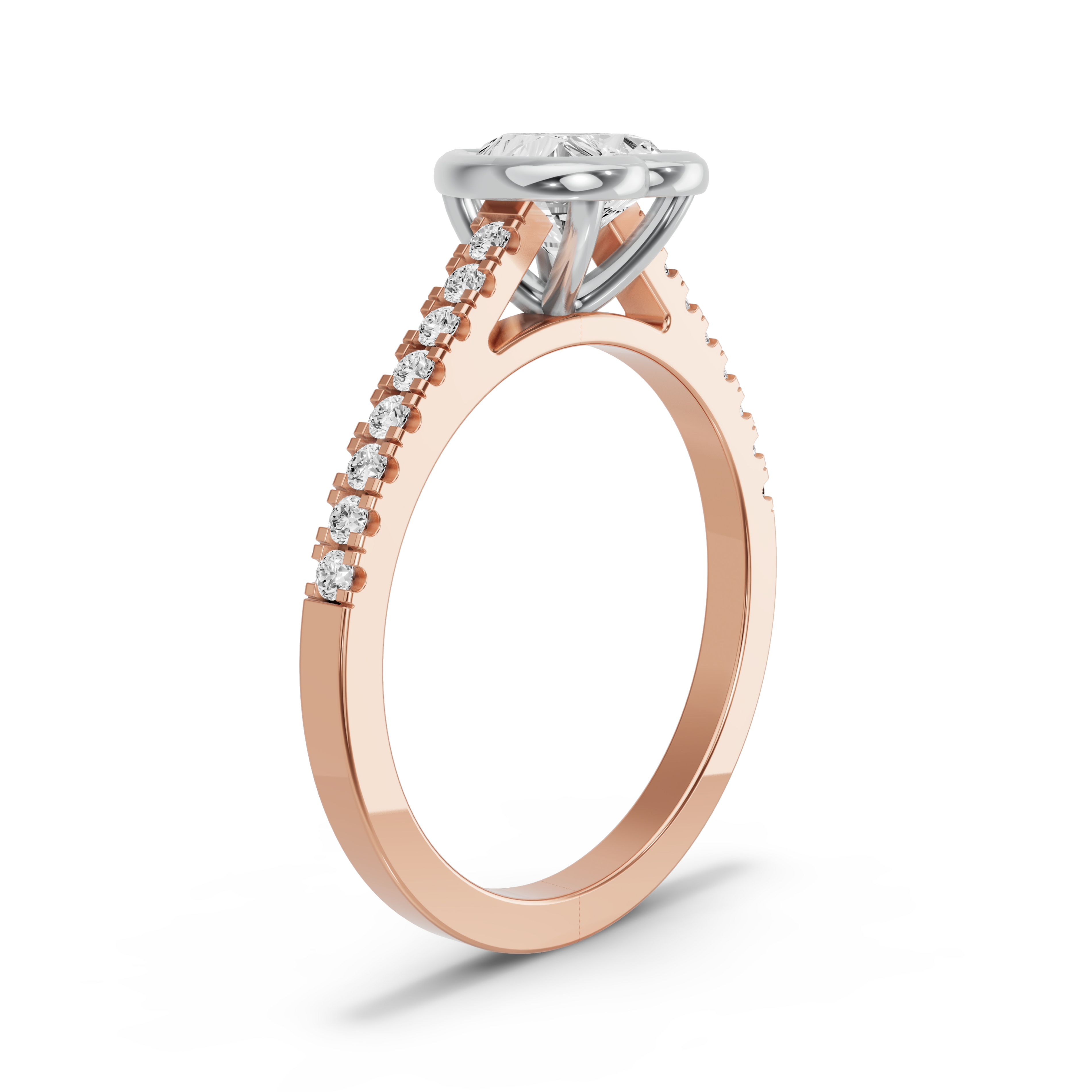 Image for Heart Classic Bezel Ring with Cathedral Pave band in 18K Two Tone Rose Gold