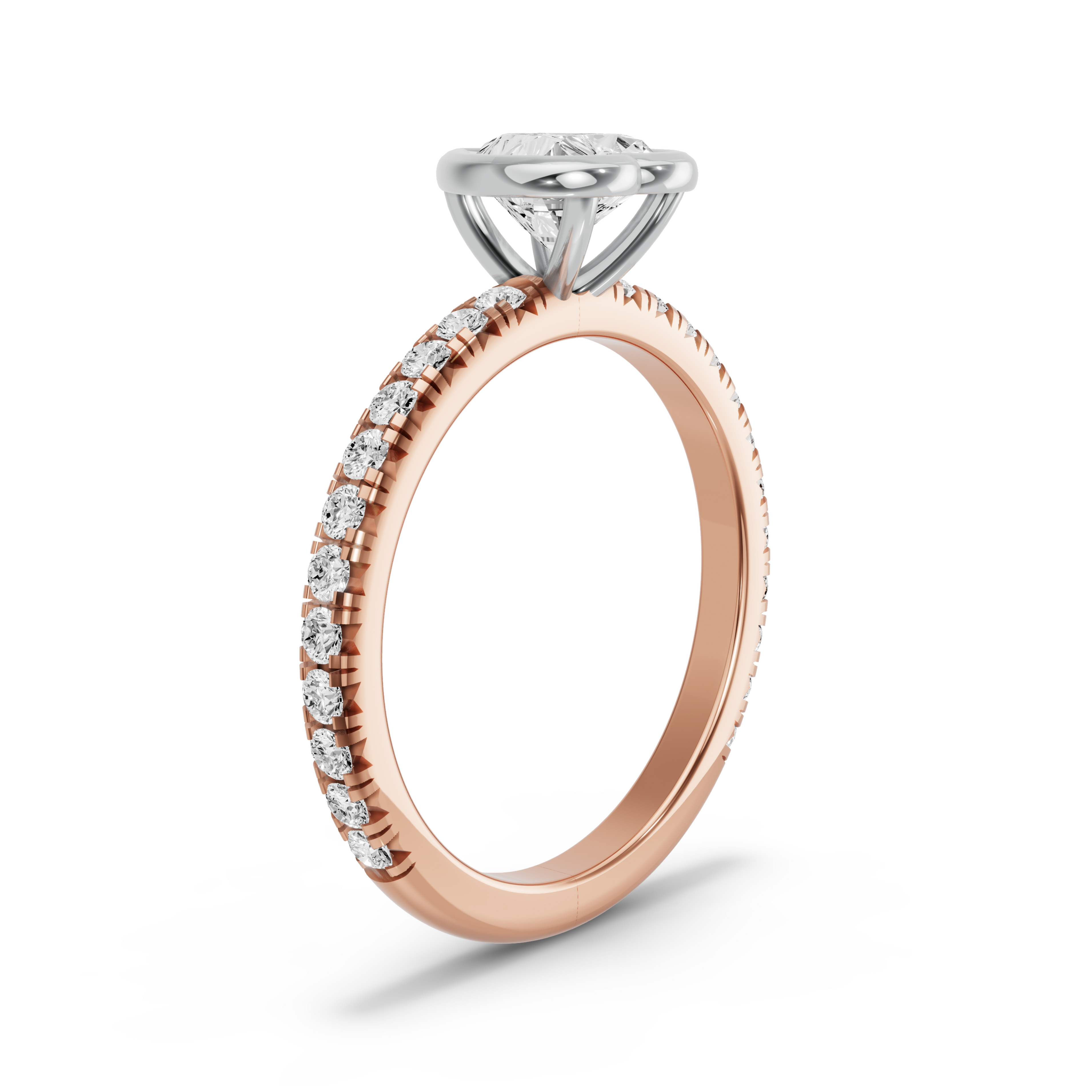 Image for Heart Classic Bezel Ring with French Pave band in 18K Two Tone Rose Gold