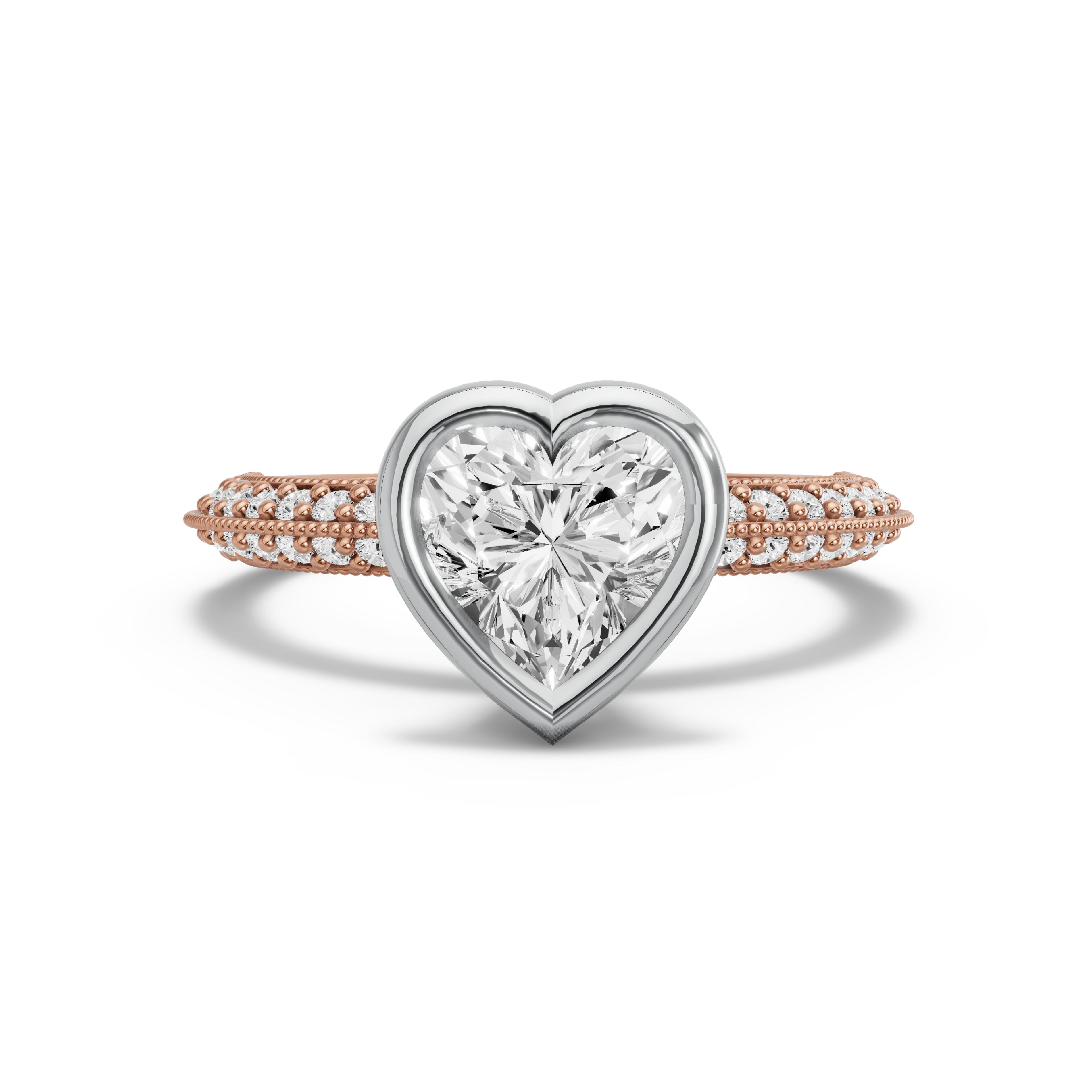 Image for Heart Classic Bezel Ring with Knife Edge Pave band in 18K Two Tone Rose Gold
