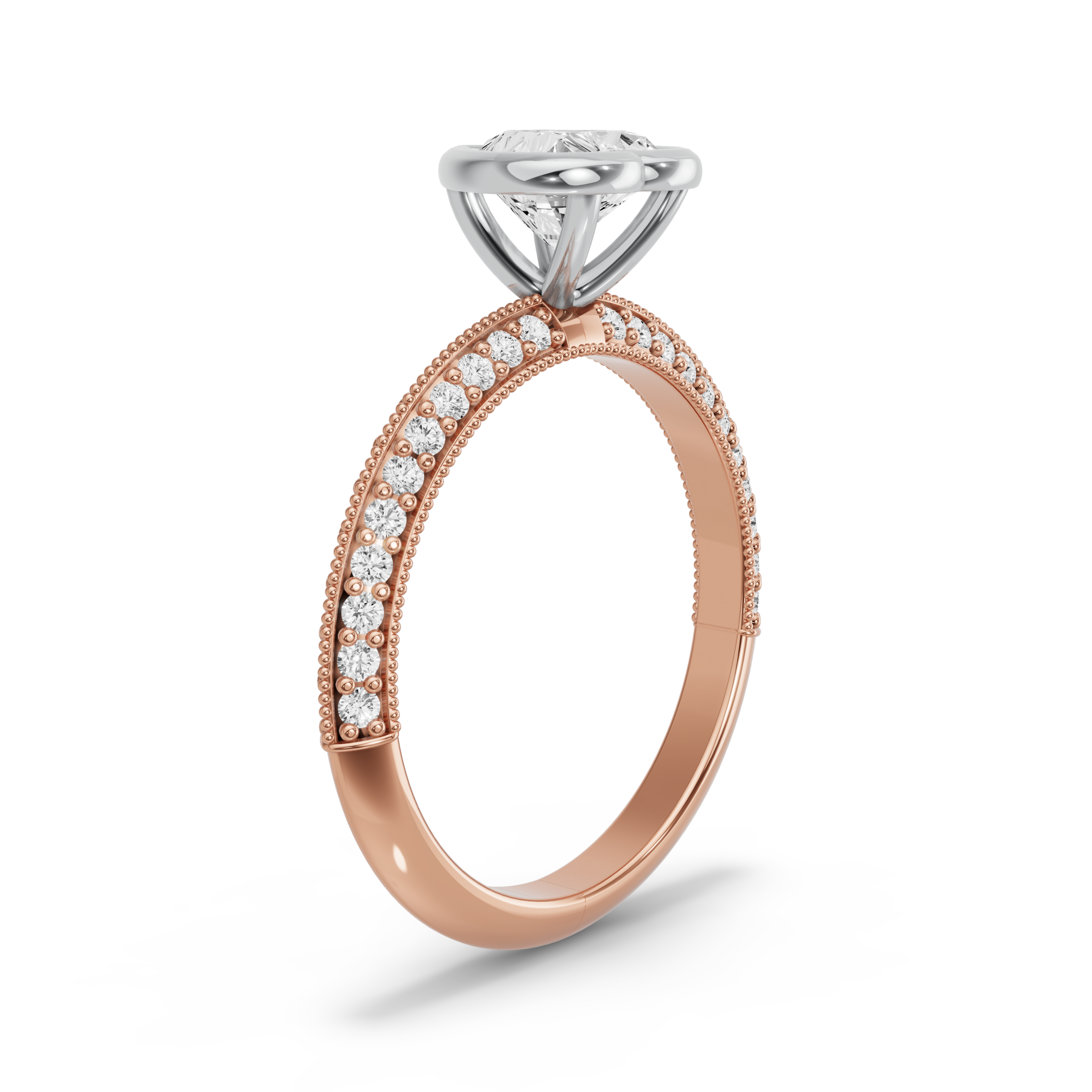 Image for Heart Classic Bezel Ring with Knife Edge Pave band in 14K Two Tone Rose Gold