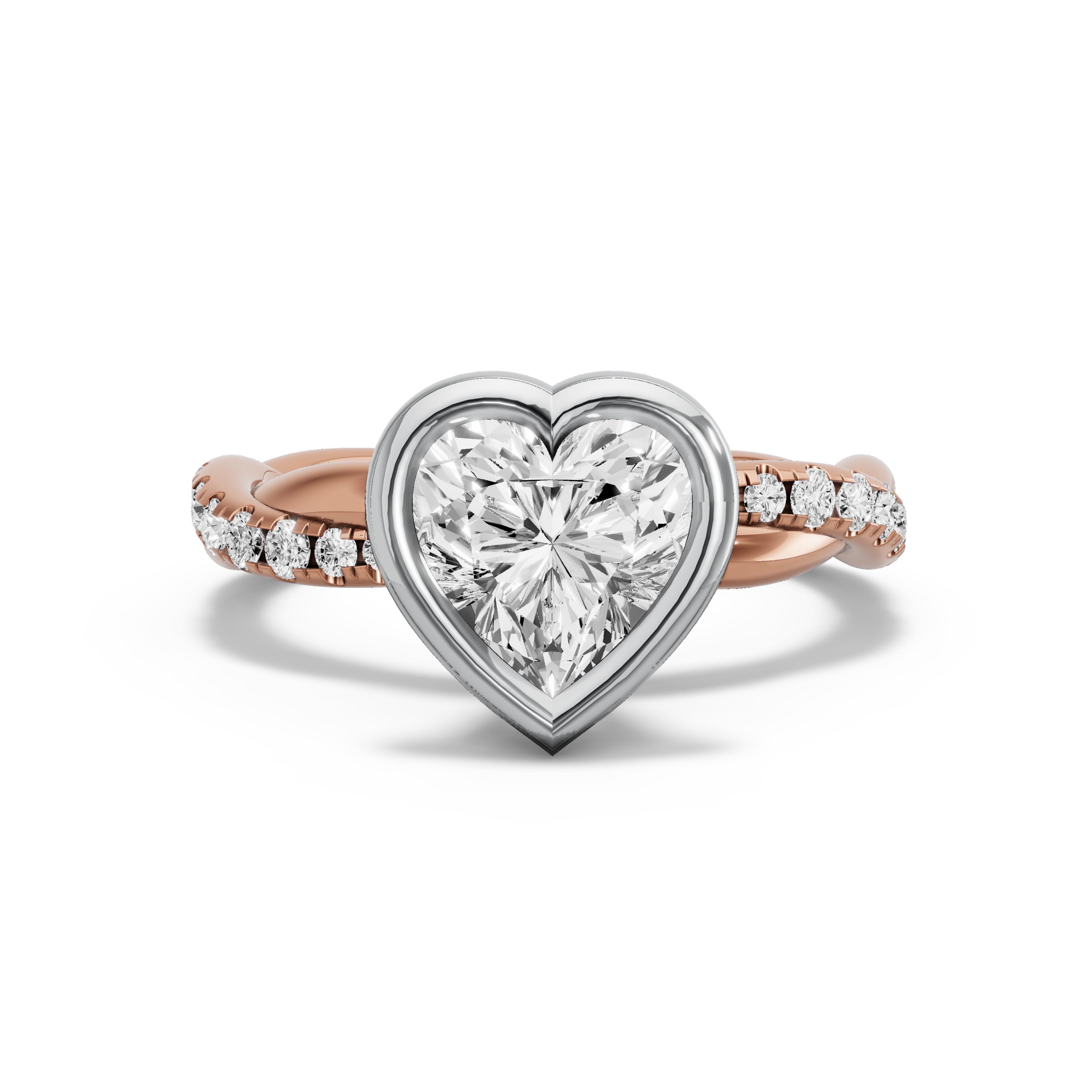 Image for Heart Classic Bezel Ring with Rope Pave band in 14K Two Tone Rose Gold