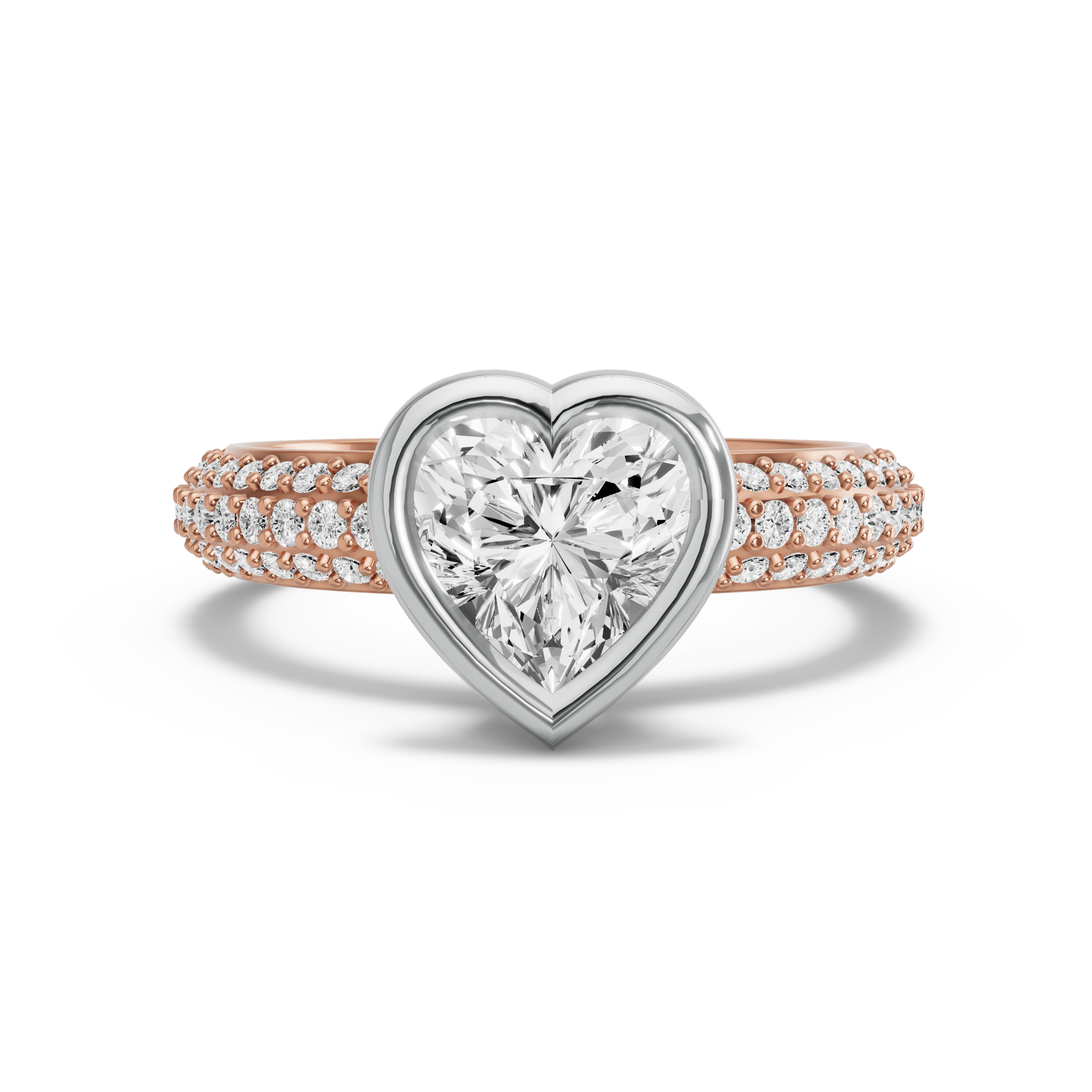 Image for Heart Classic Bezel Ring with Triple Row Pave band in 10K Two Tone Rose Gold