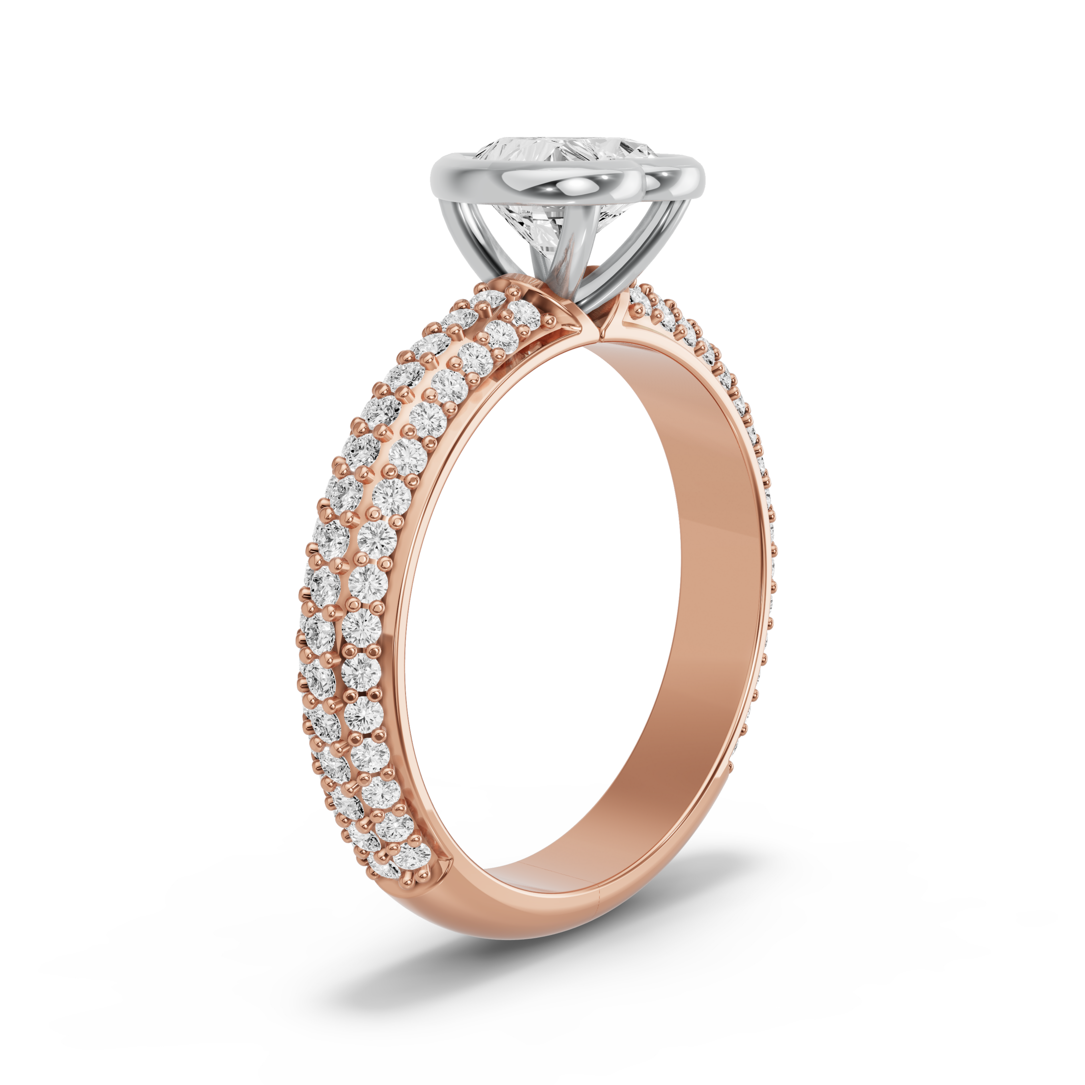 Image for Heart Classic Bezel Ring with Triple Row Pave band in 18K Two Tone Rose Gold