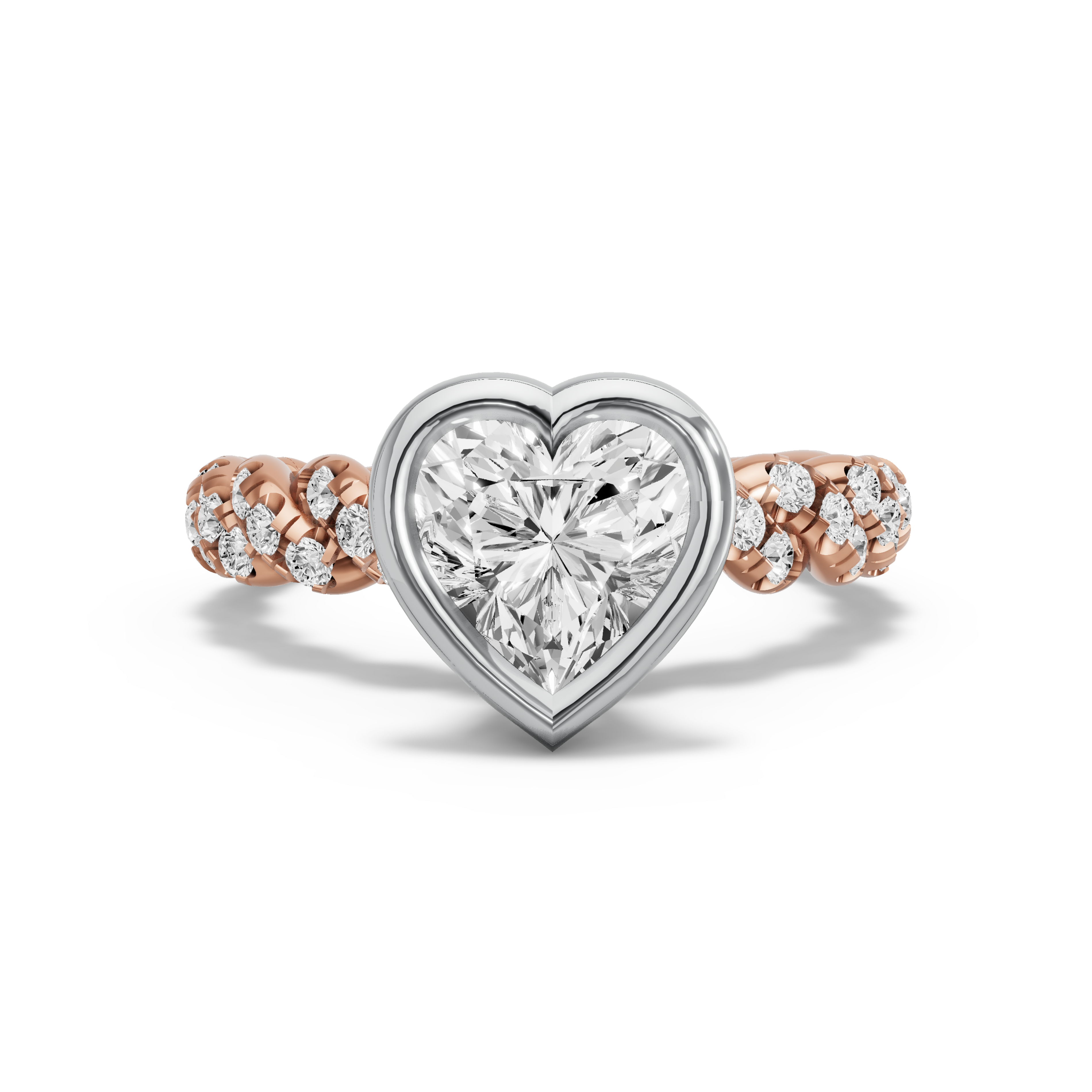 Image for Heart Classic Bezel Ring with Twist Pave band in 18K Two Tone Rose Gold