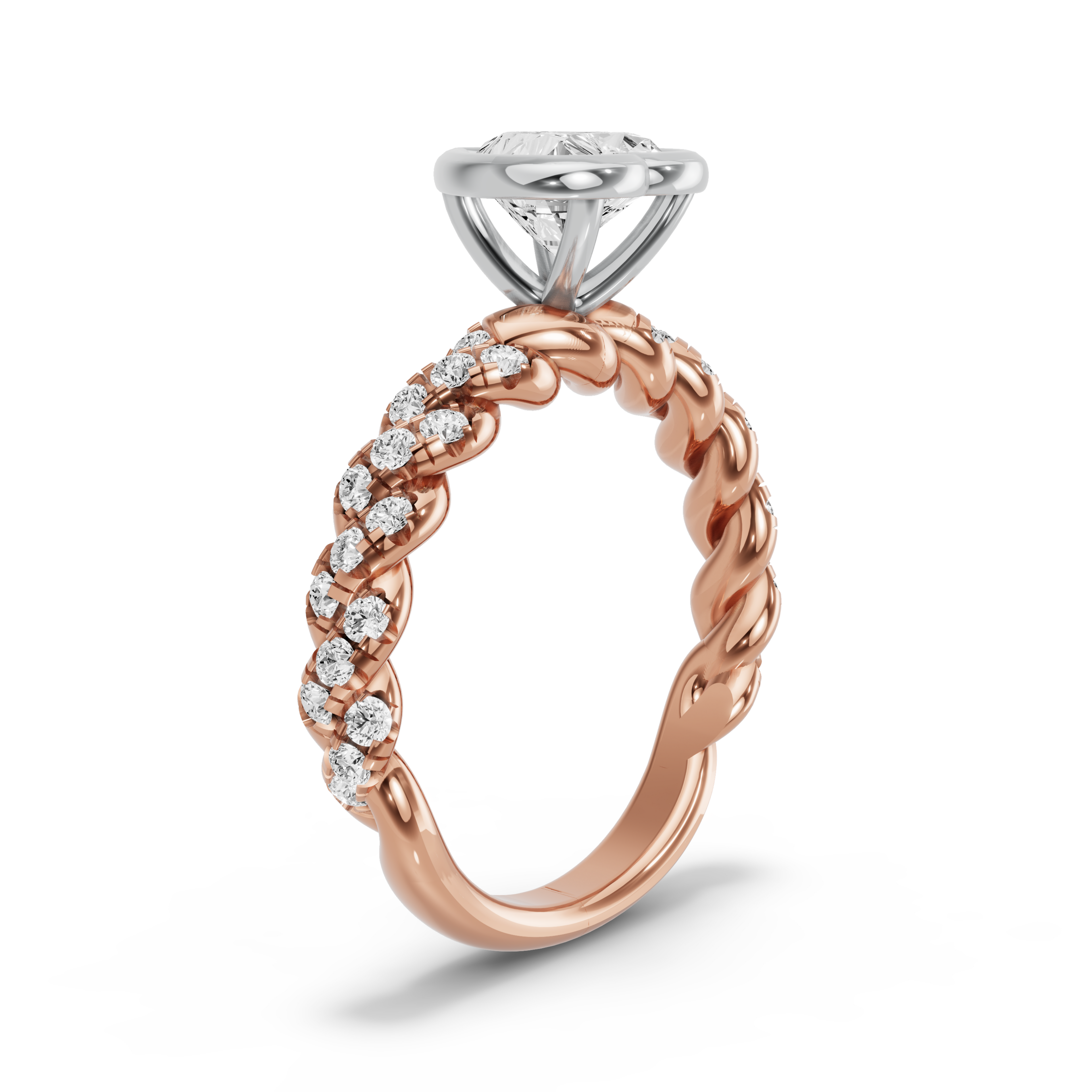 Image for Heart Classic Bezel Ring with Twist Pave band in 14K Two Tone Rose Gold