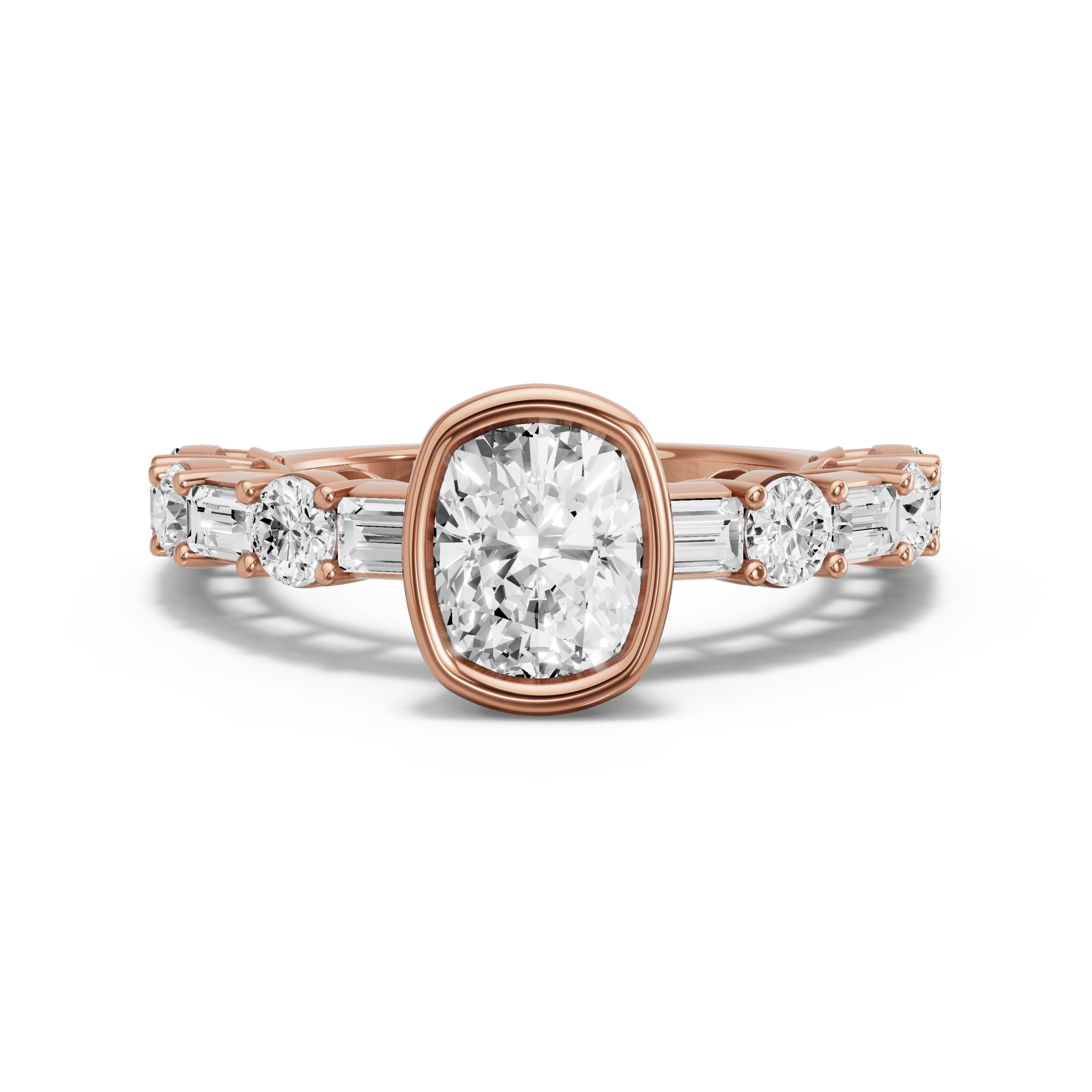 Image for Cushion Classic Bezel Ring with Alternating Baguette band in 14K Rose Gold
