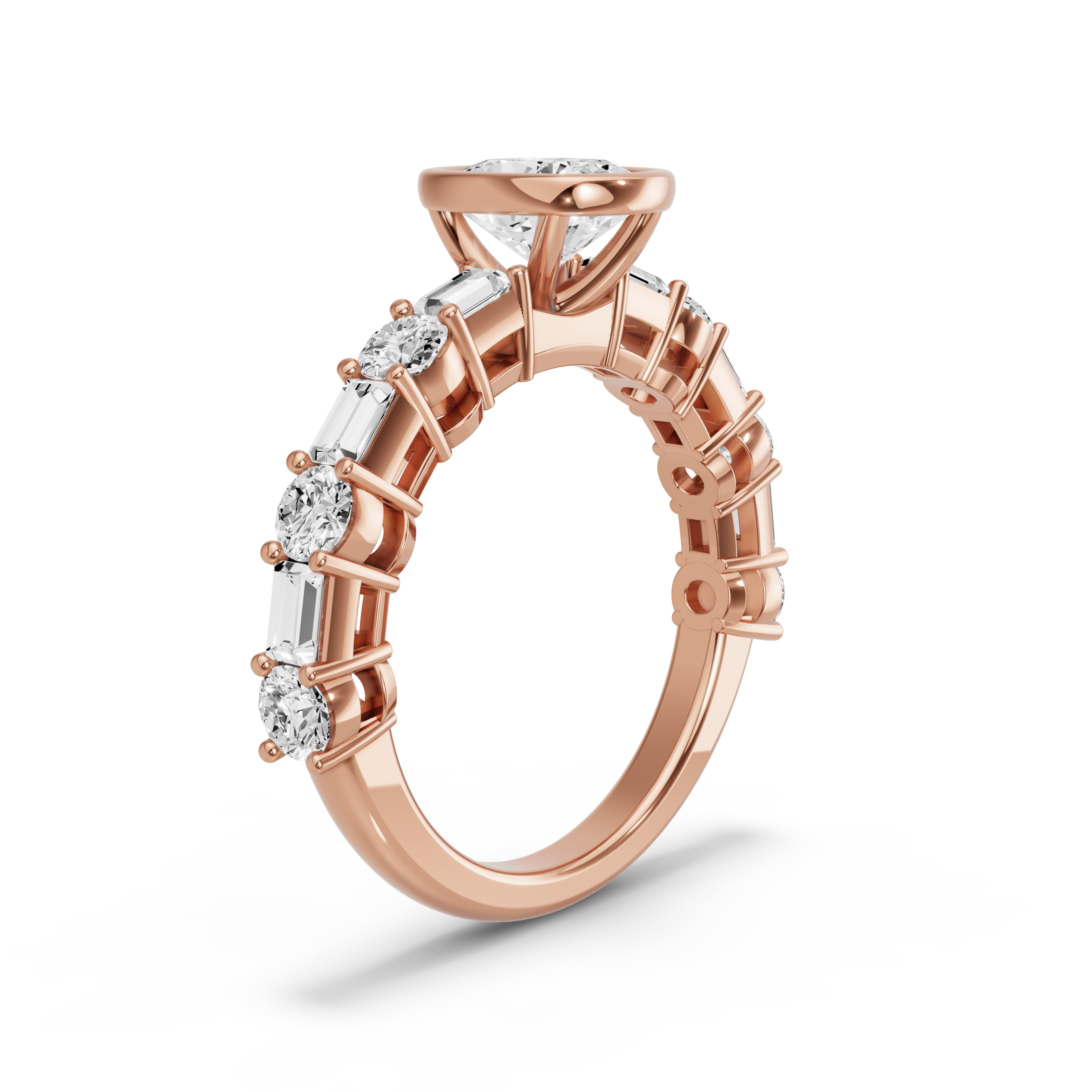 Image for Cushion Classic Bezel Ring with Alternating Baguette band in 14K Rose Gold